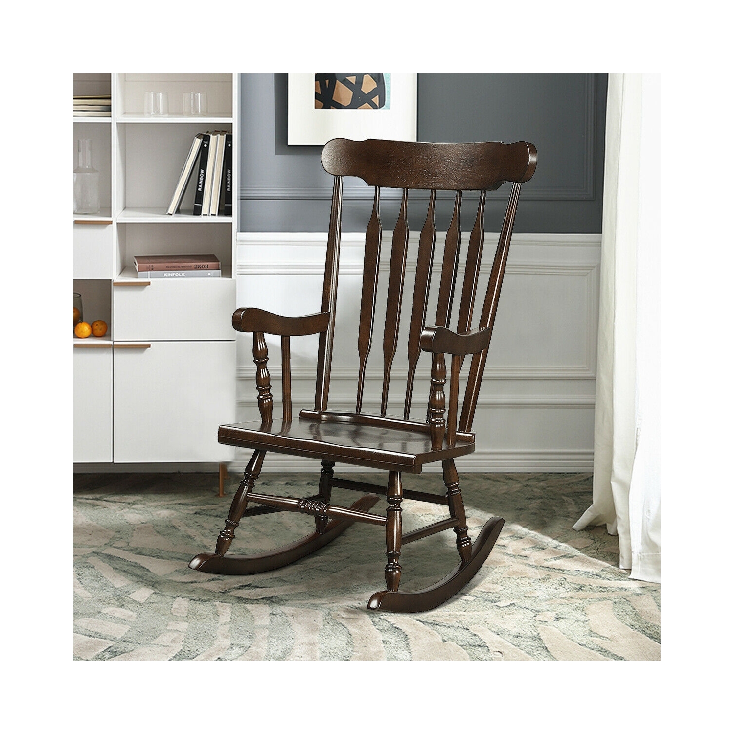 Chaise berçante en bois massif au fini lustré pour véranda intérieure ou extérieure