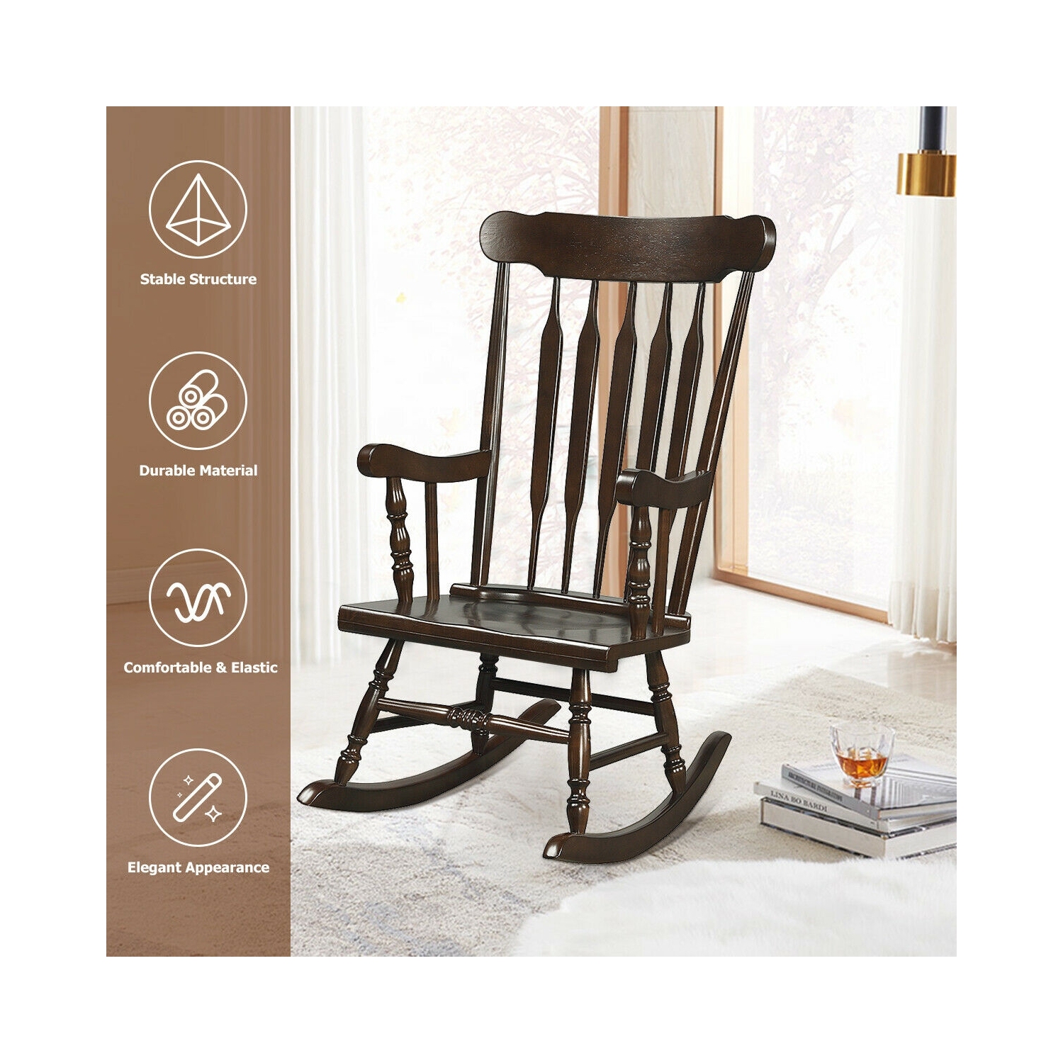 Chaise berçante en bois massif au fini lustré pour véranda intérieure ou extérieure