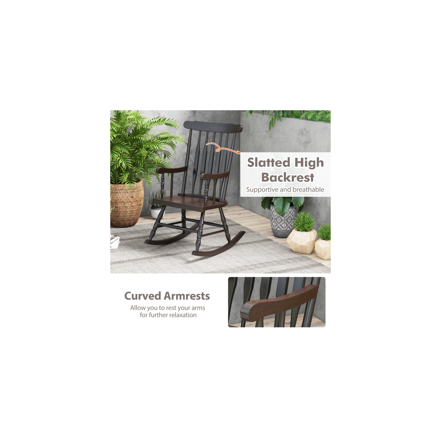 Chaise berçante en bois massif au fini lustré pour véranda intérieure ou extérieure