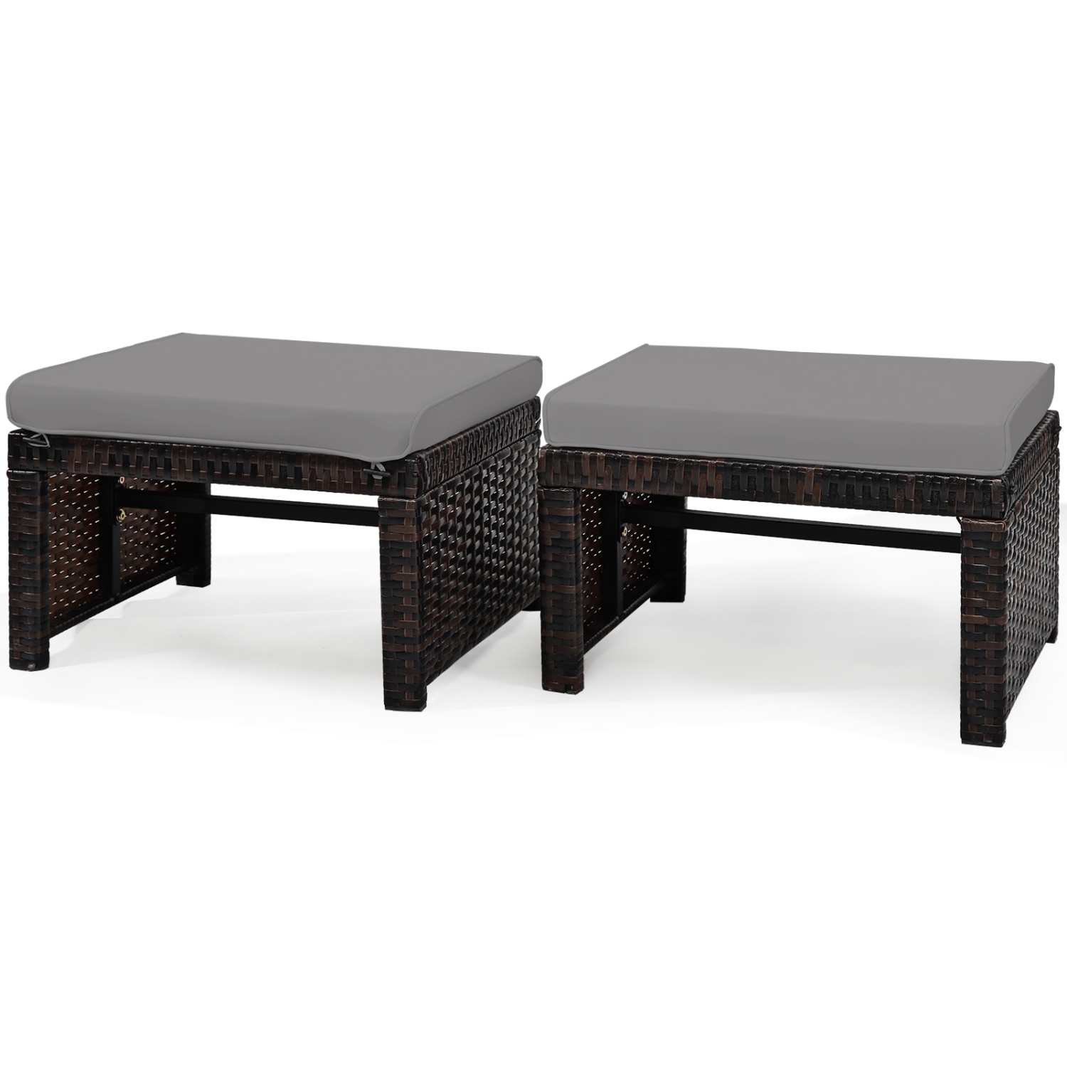 2 Pieces Patio Rattan Ottomans with Soft Cushion for Patio and Garden