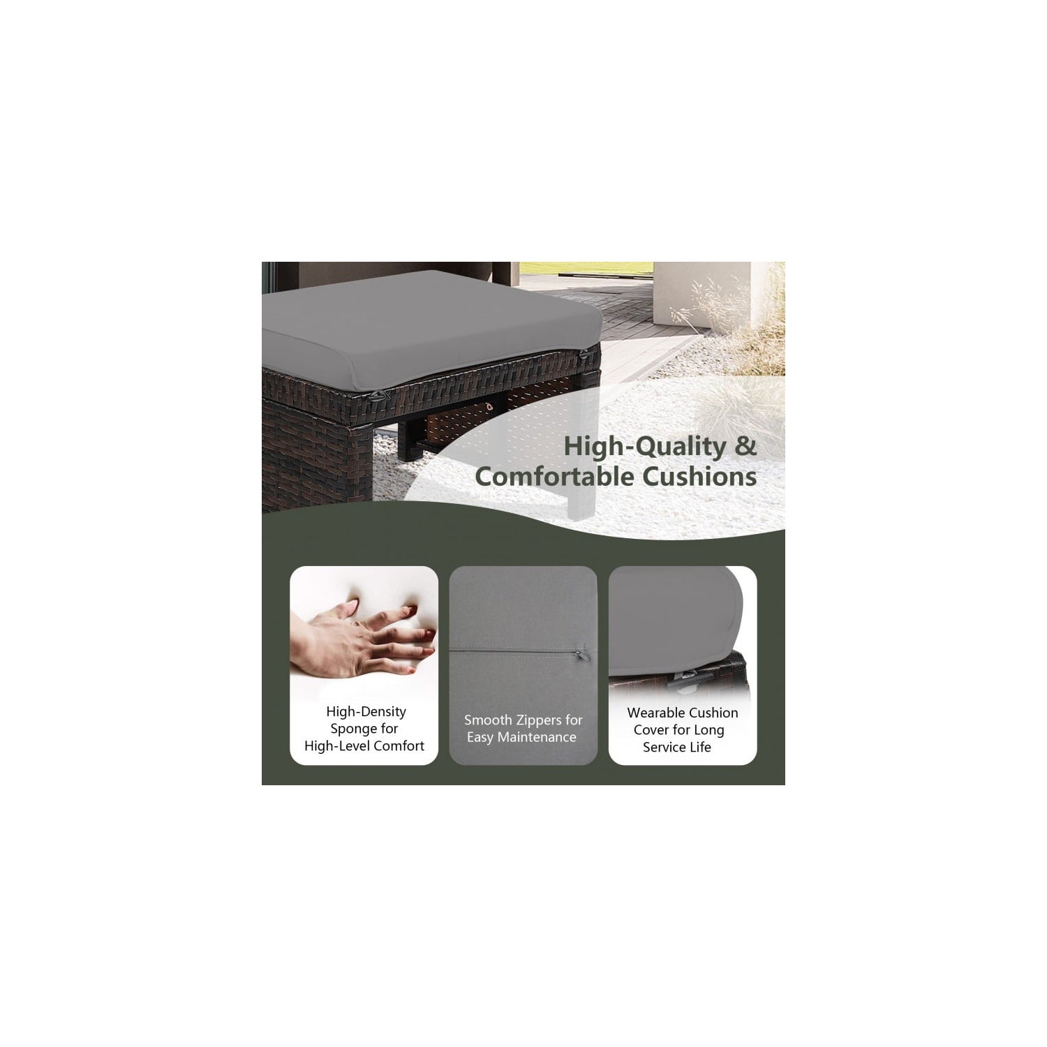 2 Pieces Patio Rattan Ottomans with Soft Cushion for Patio and Garden