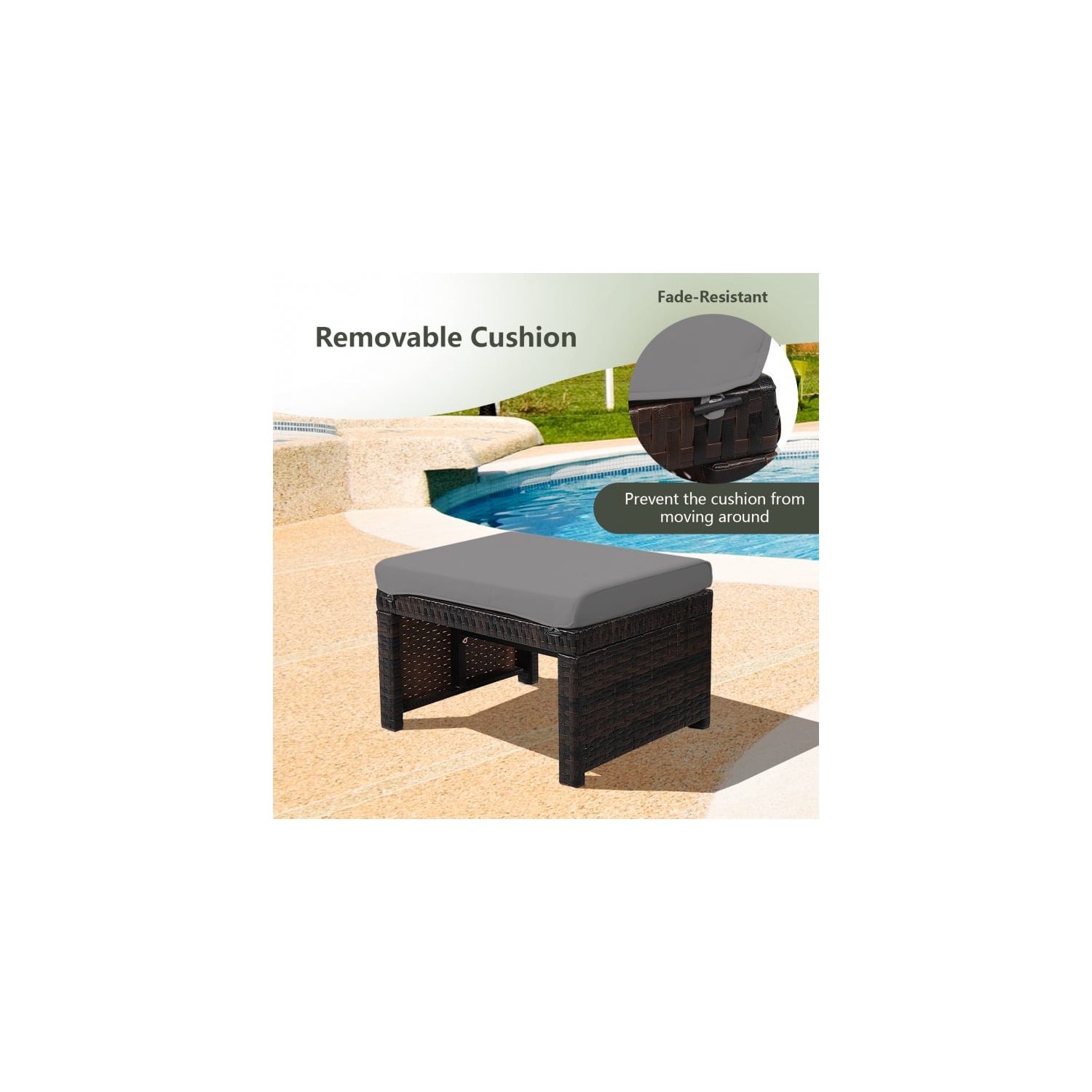 2 Pieces Patio Rattan Ottomans with Soft Cushion for Patio and Garden