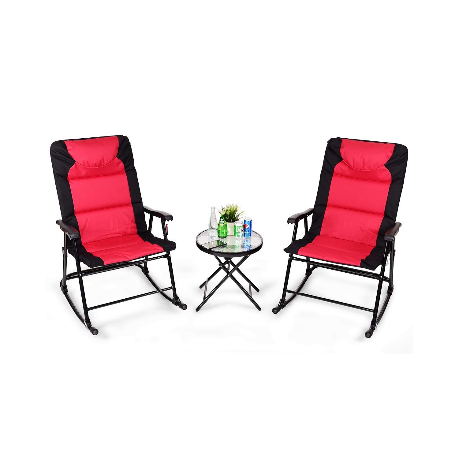 3 Pcs Outdoor Folding Rocking Chair Table Set with Cushion-Red