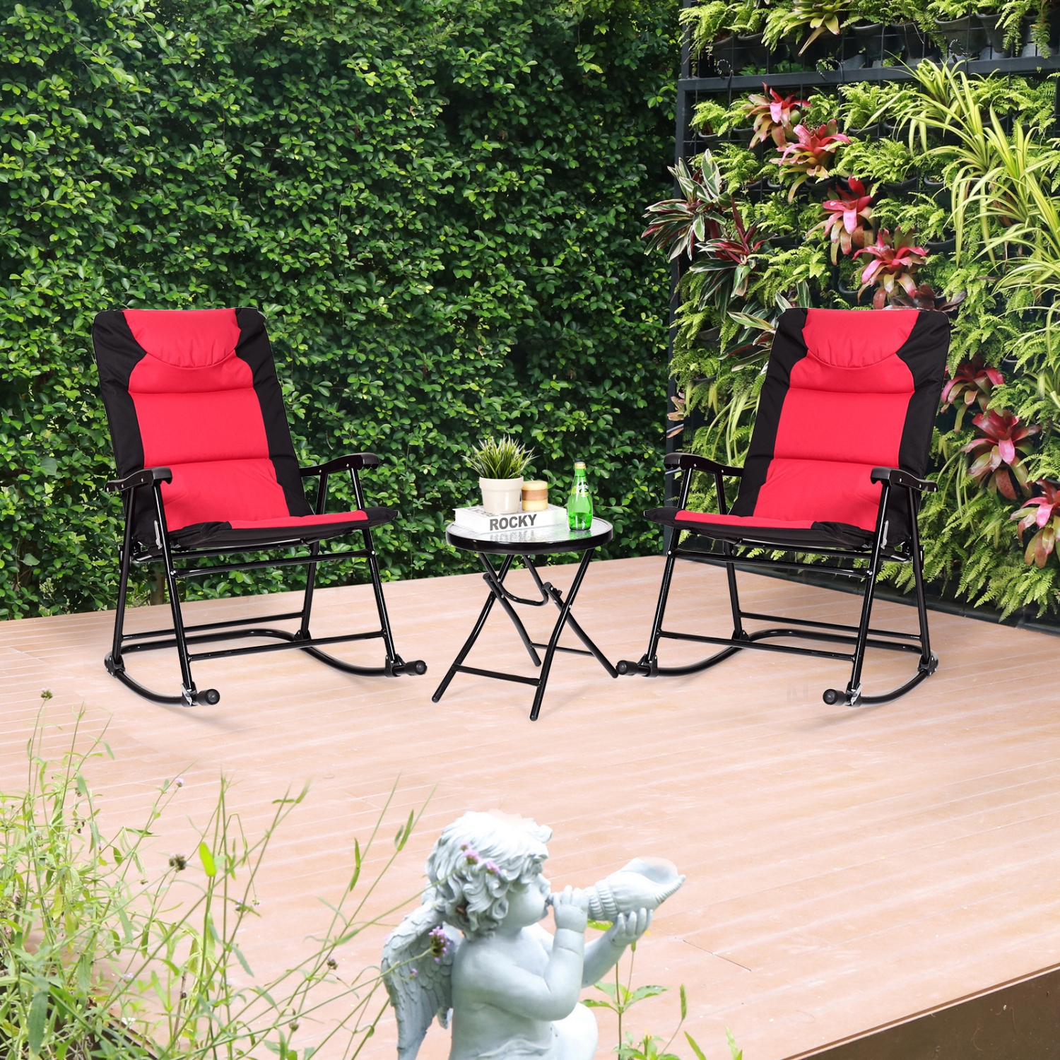 3 Pcs Outdoor Folding Rocking Chair Table Set with Cushion-Red
