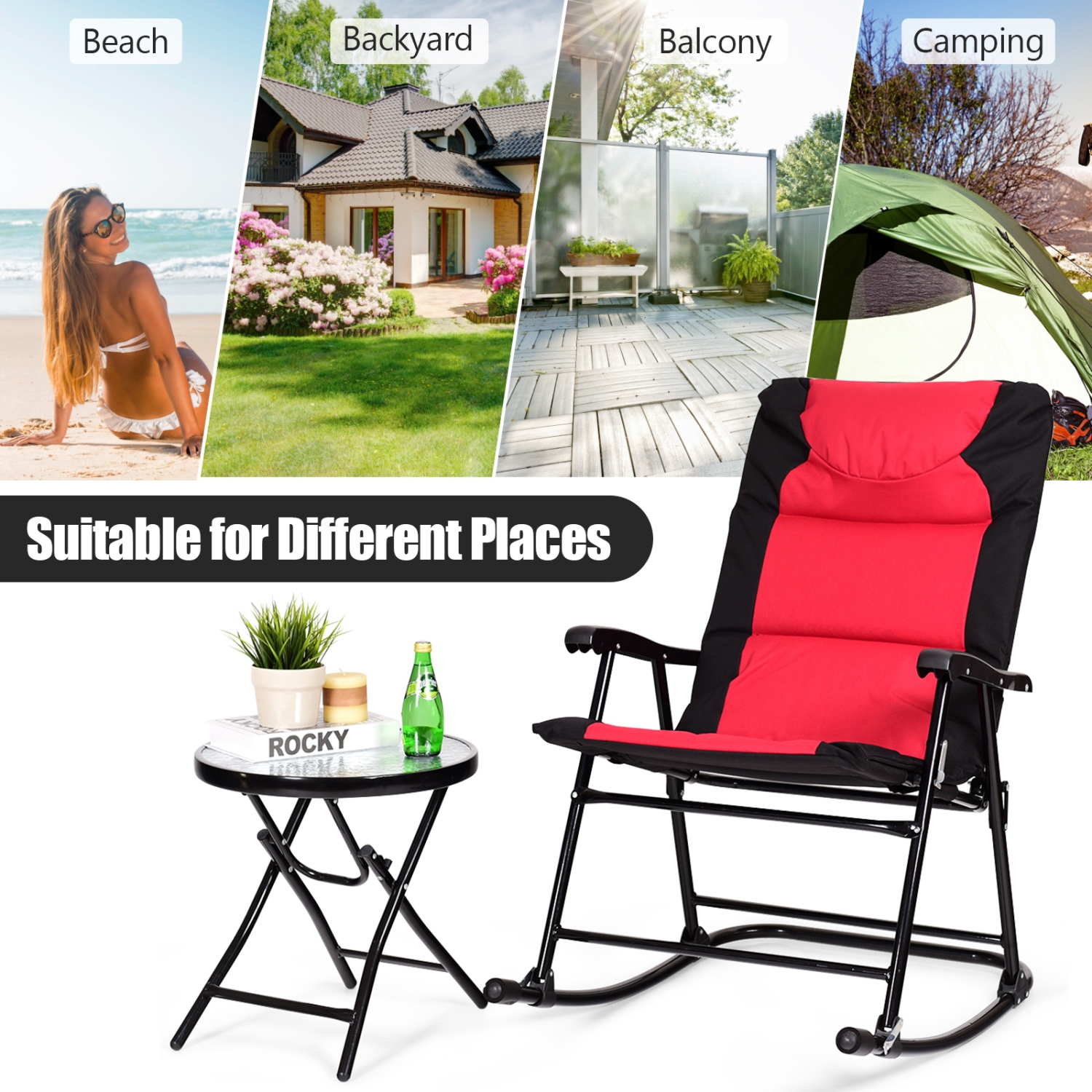 3 Pcs Outdoor Folding Rocking Chair Table Set with Cushion-Red