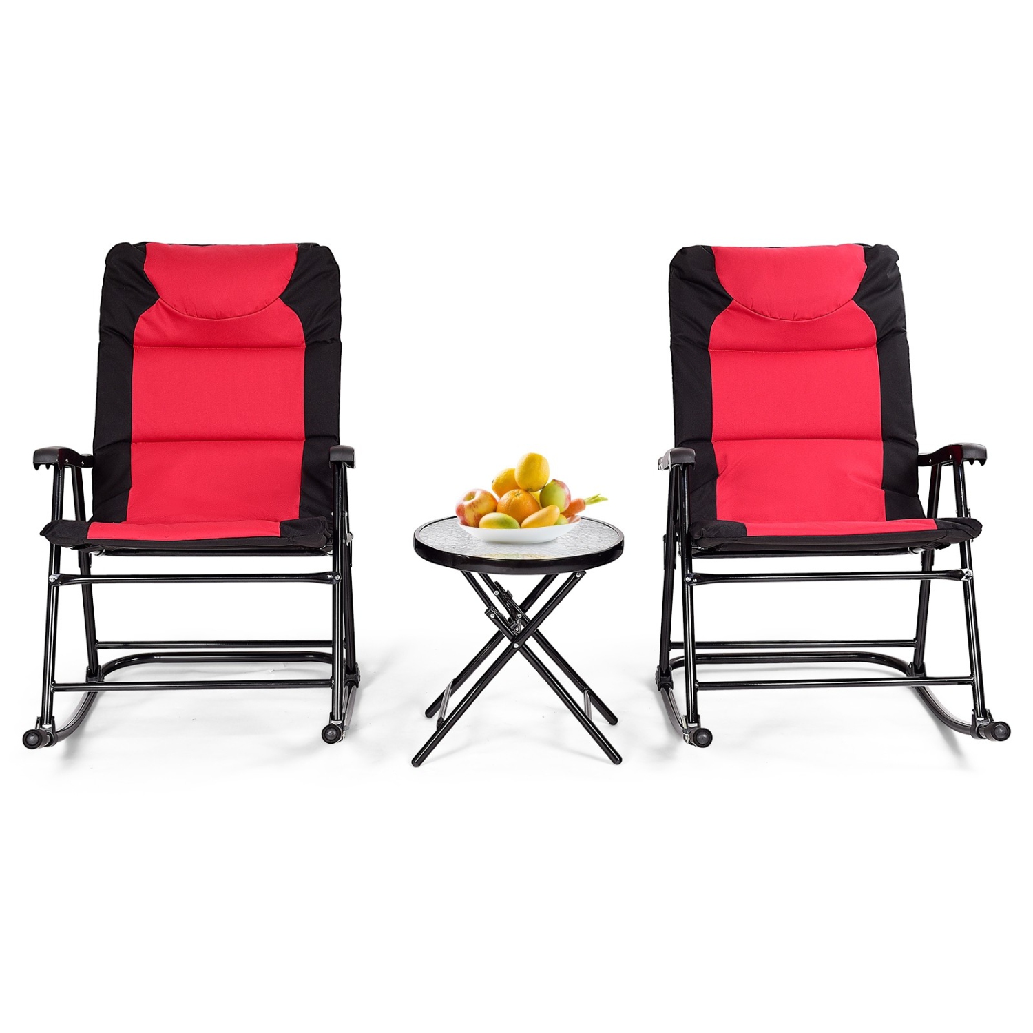 3 Pcs Outdoor Folding Rocking Chair Table Set with Cushion-Red
