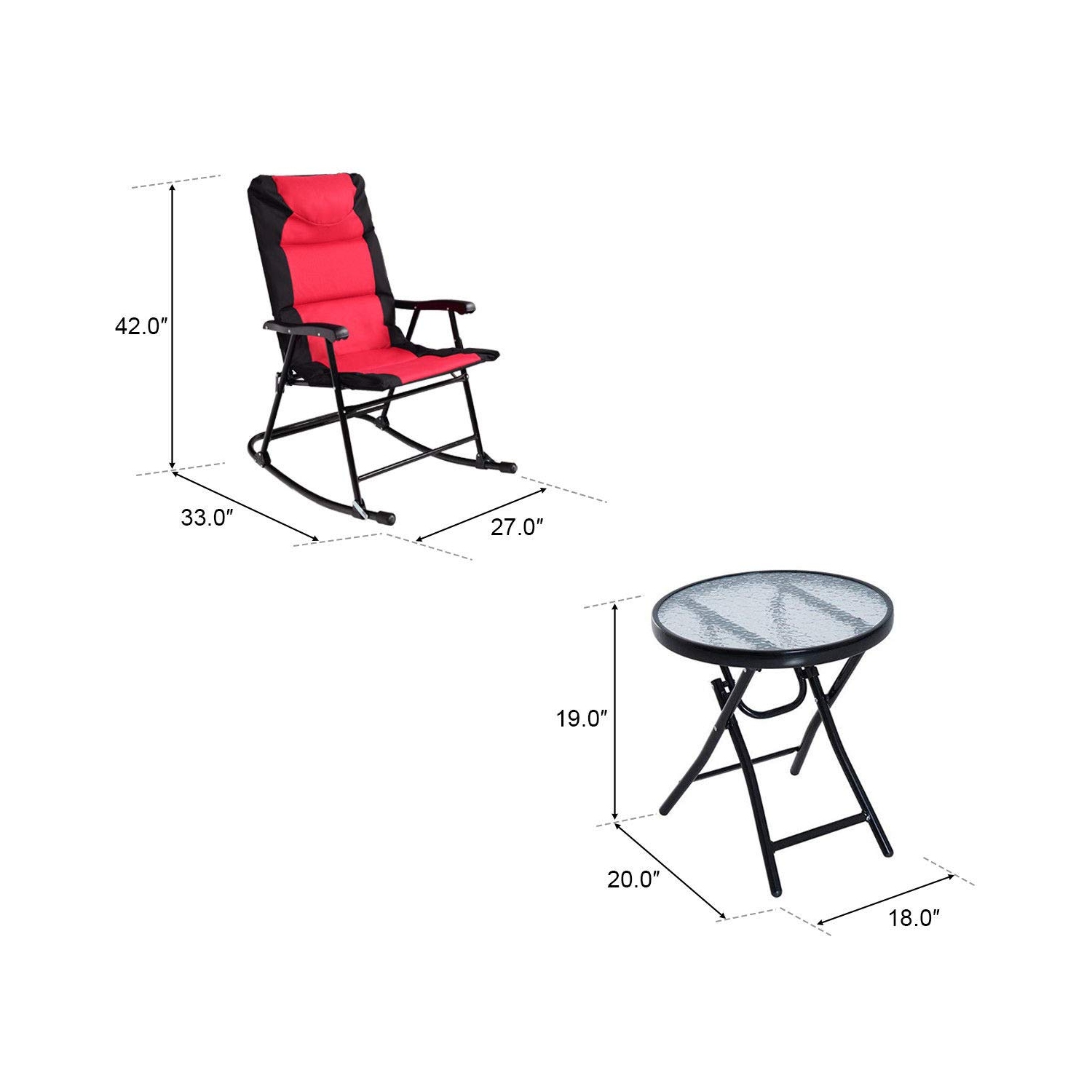 3 Pcs Outdoor Folding Rocking Chair Table Set with Cushion-Red