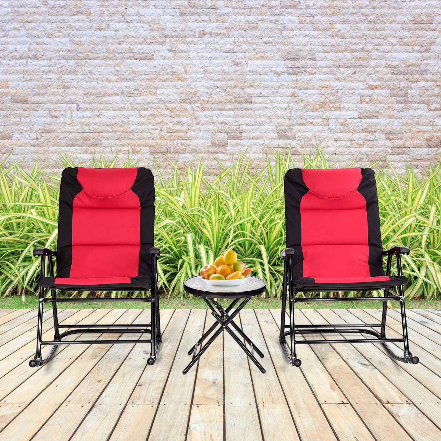 3 Pcs Outdoor Folding Rocking Chair Table Set with Cushion-Red