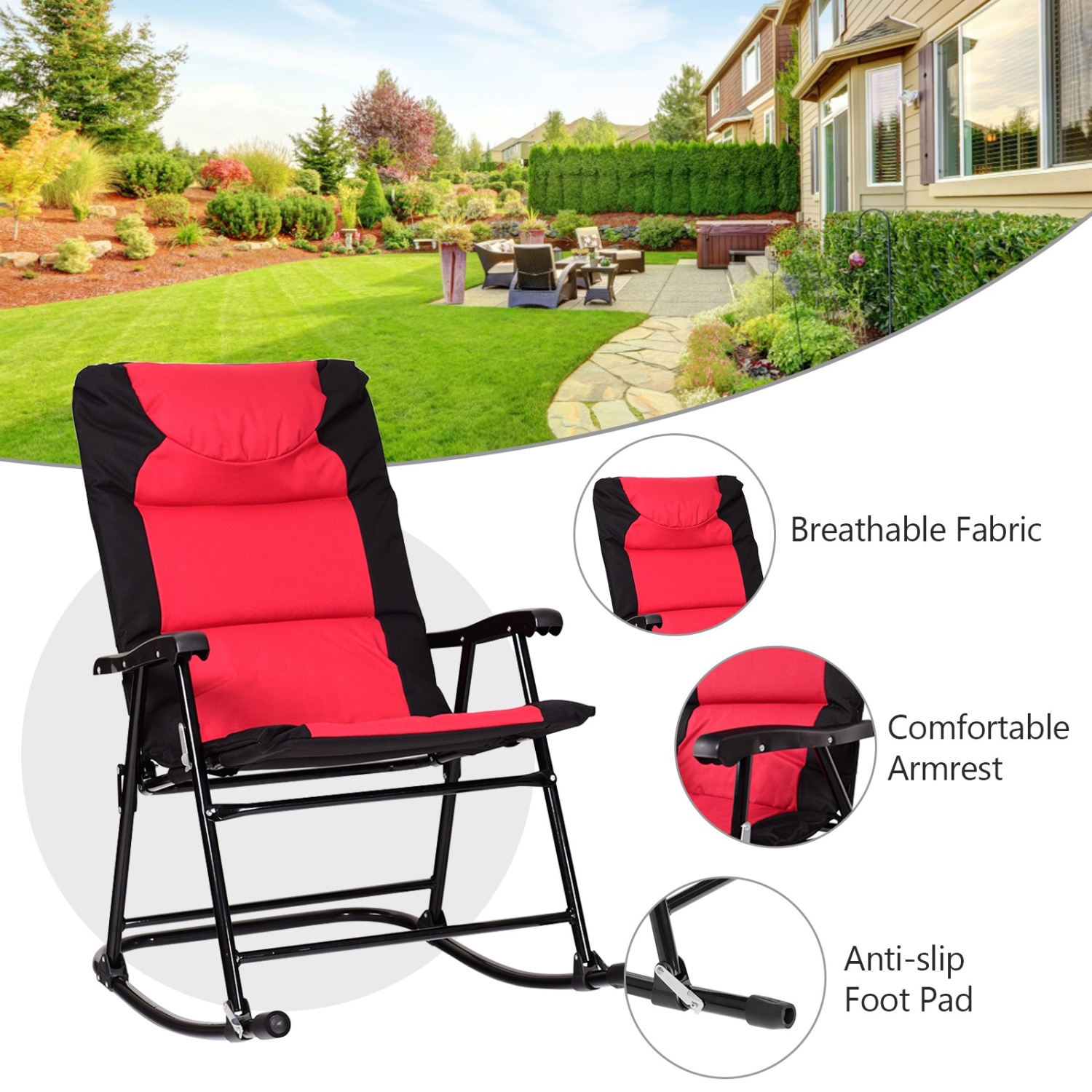 3 Pcs Outdoor Folding Rocking Chair Table Set with Cushion-Red