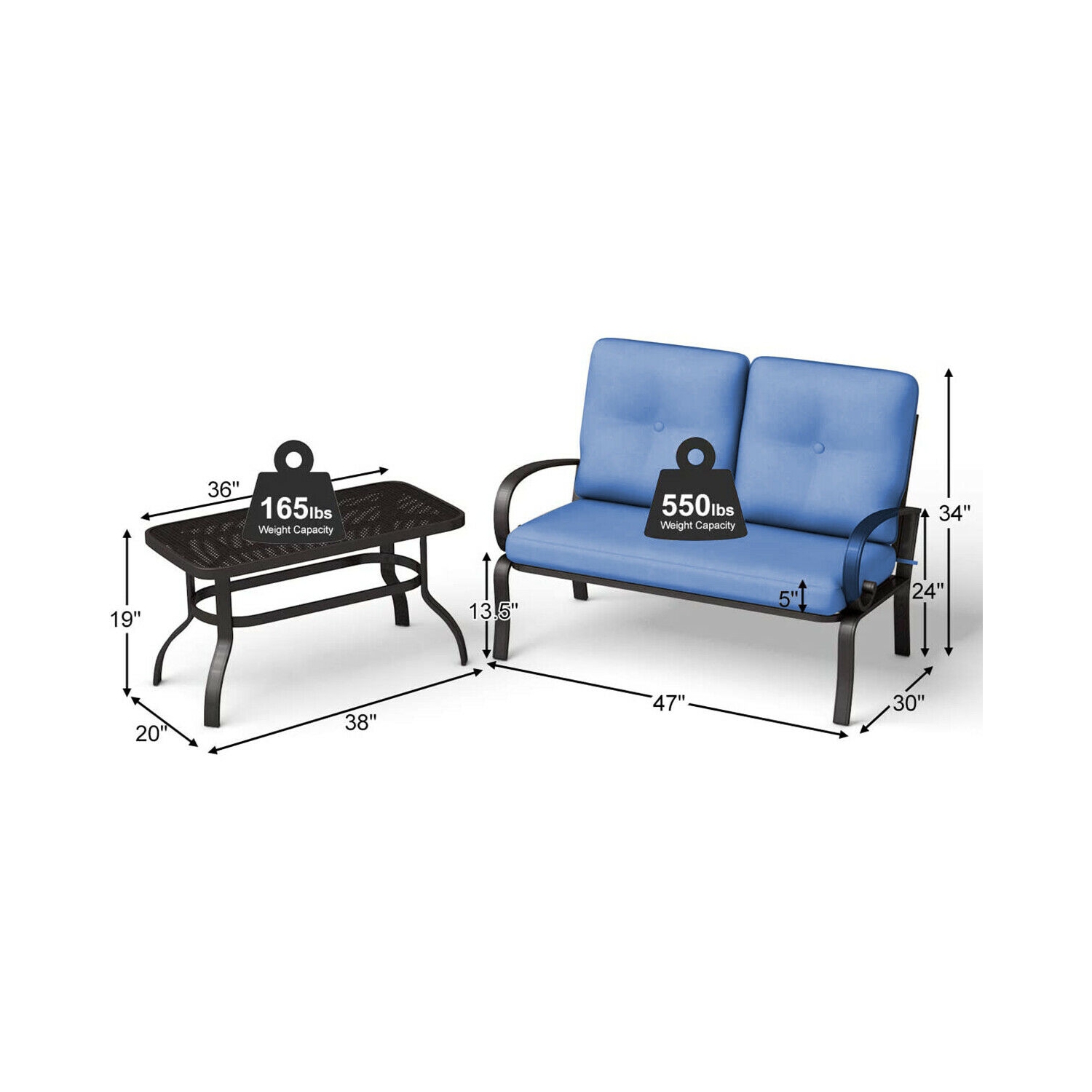 2-Piece Patio Furniture Set – Outdoor Cushioned Seats with Coffee Table for Garden or Balcony