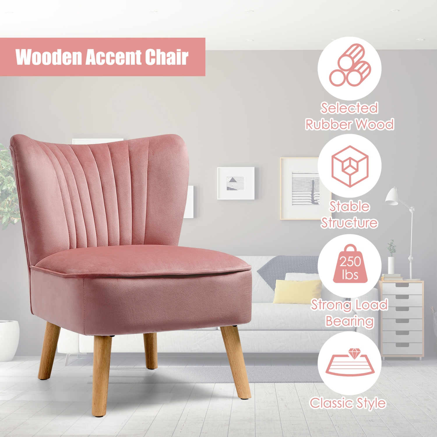 Armless Accent Chair Modern Velvet Leisure Chair-Pink