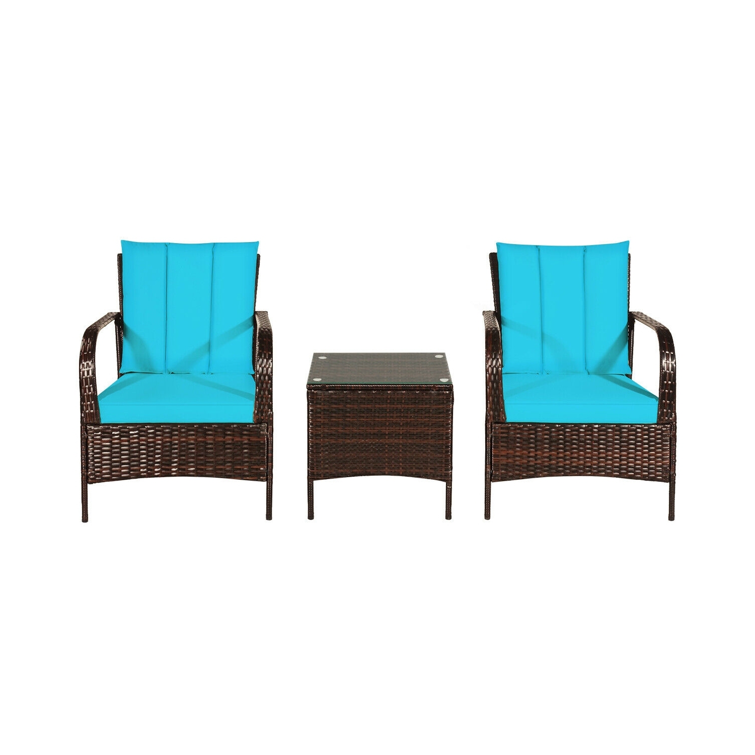 3 Pcs Patio Conversation Rattan Furniture Set with Glass Top Coffee Table and Cushions-Turquoise