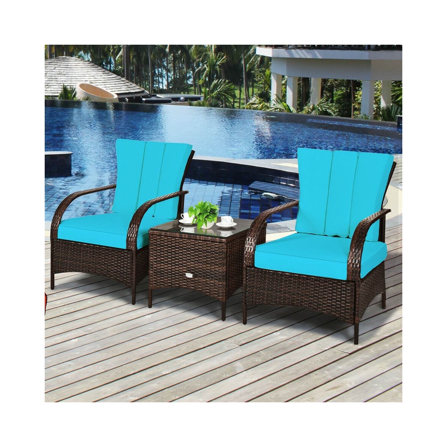 3 Pcs Patio Conversation Rattan Furniture Set with Glass Top Coffee Table and Cushions-Turquoise