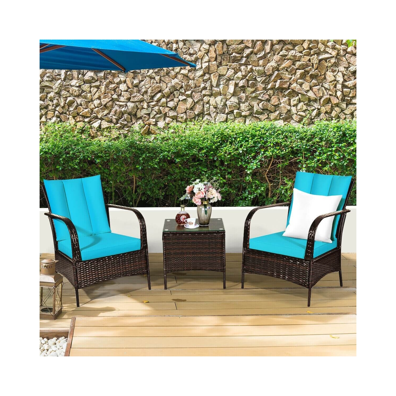 3 Pcs Patio Conversation Rattan Furniture Set with Glass Top Coffee Table and Cushions-Turquoise