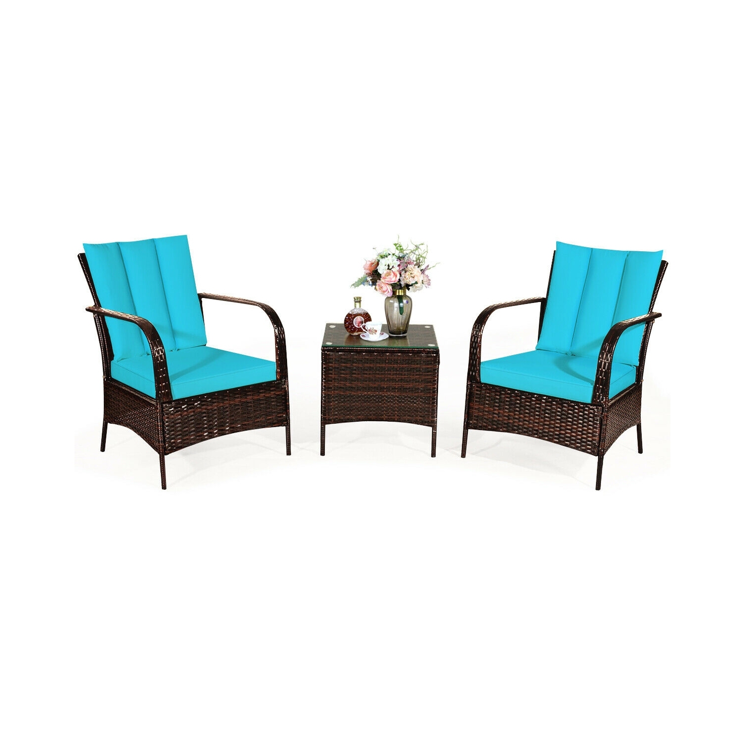 3 Pcs Patio Conversation Rattan Furniture Set with Glass Top Coffee Table and Cushions-Turquoise