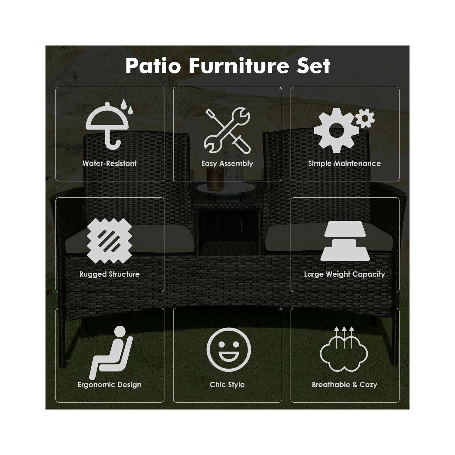 Ensemble de patio moderne avec table basse intégrée et coussins - Beige