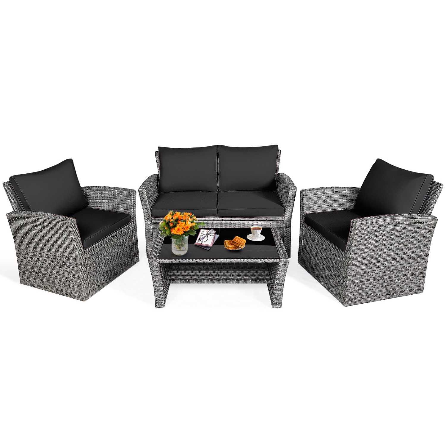 4-Piece Patio Rattan Furniture Set with Sofa, Table and Storage Shelf