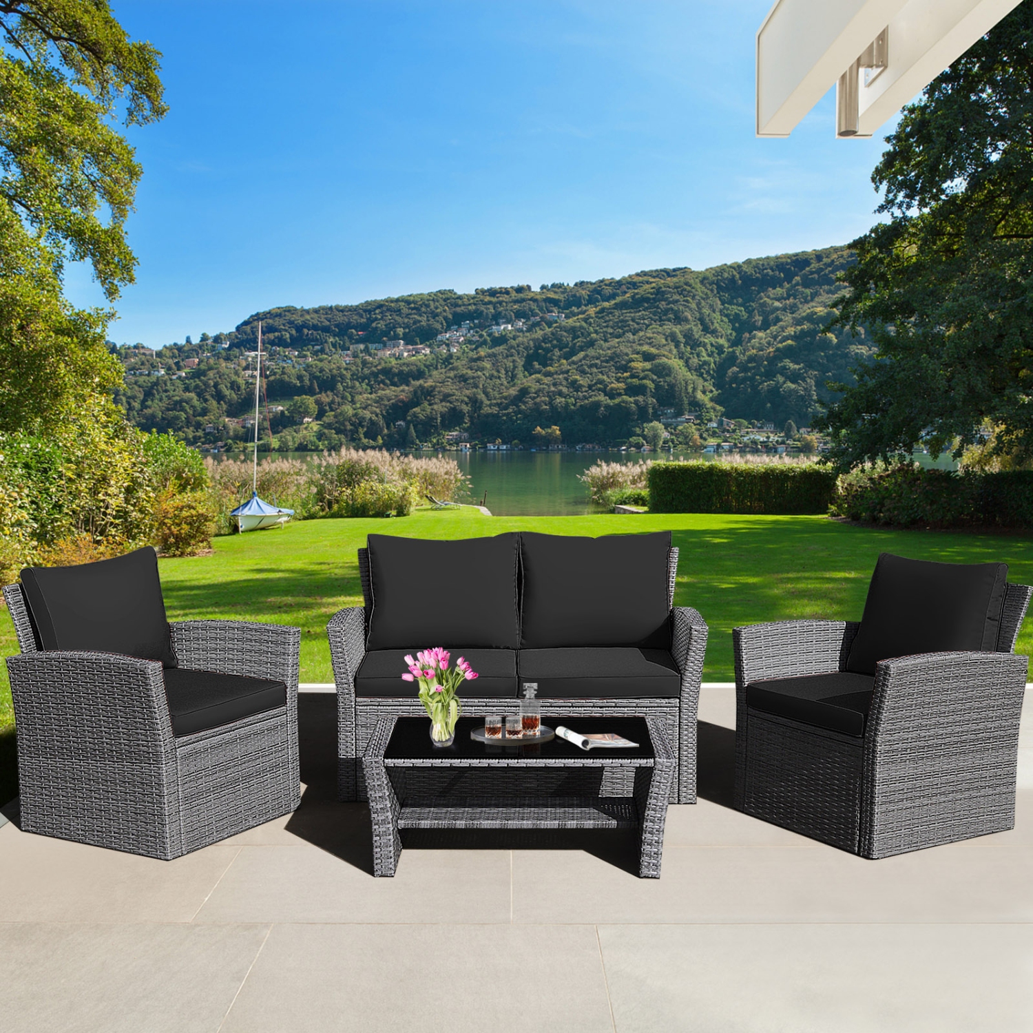 4-Piece Patio Rattan Furniture Set with Sofa, Table and Storage Shelf