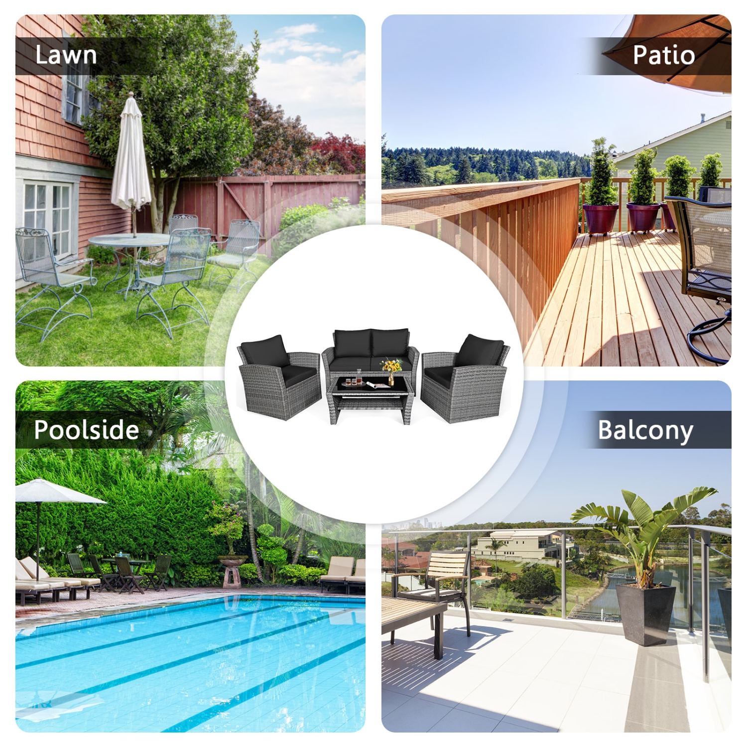 4-Piece Patio Rattan Furniture Set with Sofa, Table and Storage Shelf