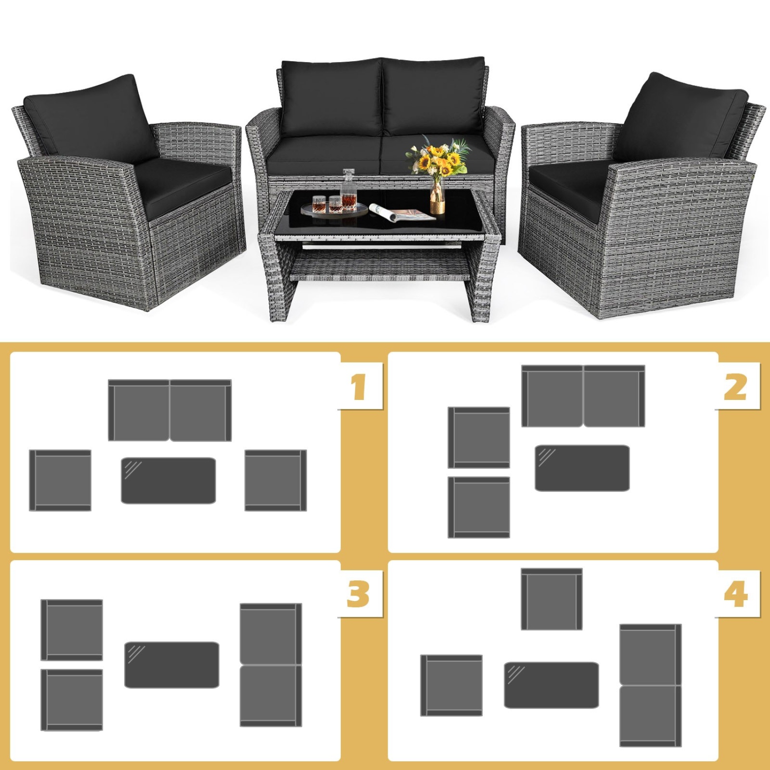4-Piece Patio Rattan Furniture Set with Sofa, Table and Storage Shelf