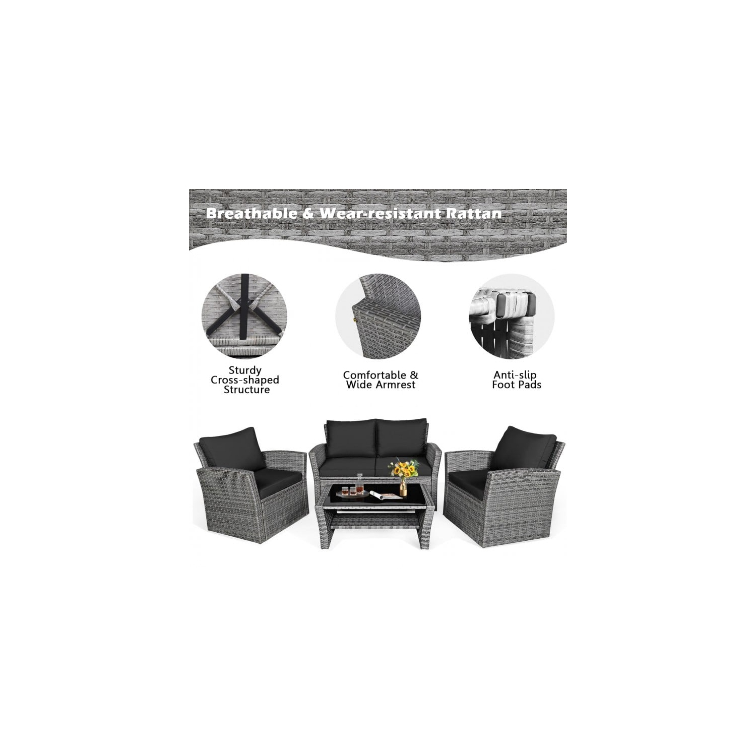 4-Piece Patio Rattan Furniture Set with Sofa, Table and Storage Shelf