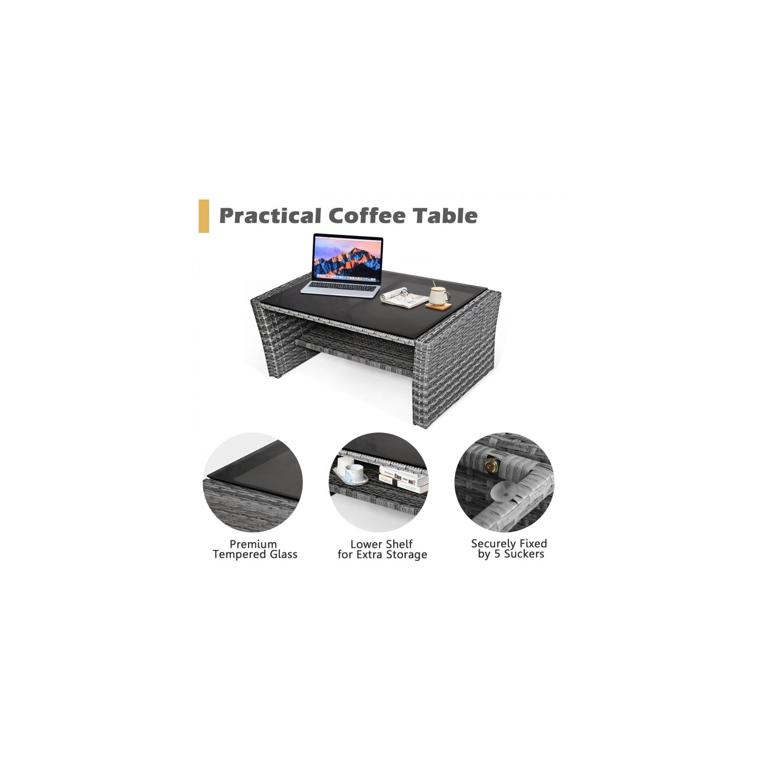 4-Piece Patio Rattan Furniture Set with Sofa, Table and Storage Shelf