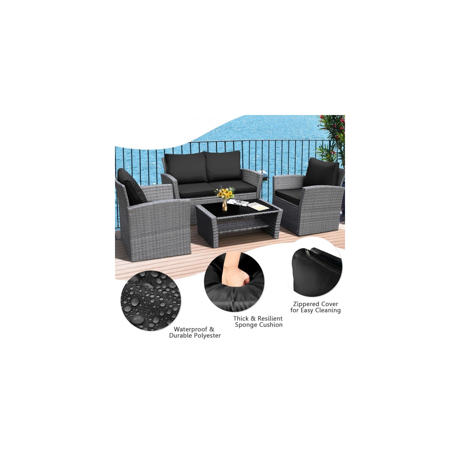 4-Piece Patio Rattan Furniture Set with Sofa, Table and Storage Shelf