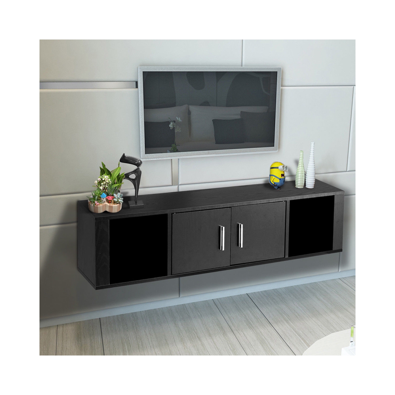 Wall-Mounted Floating Desk Hutch with 2 Doors and Shelves for Workspace Organization