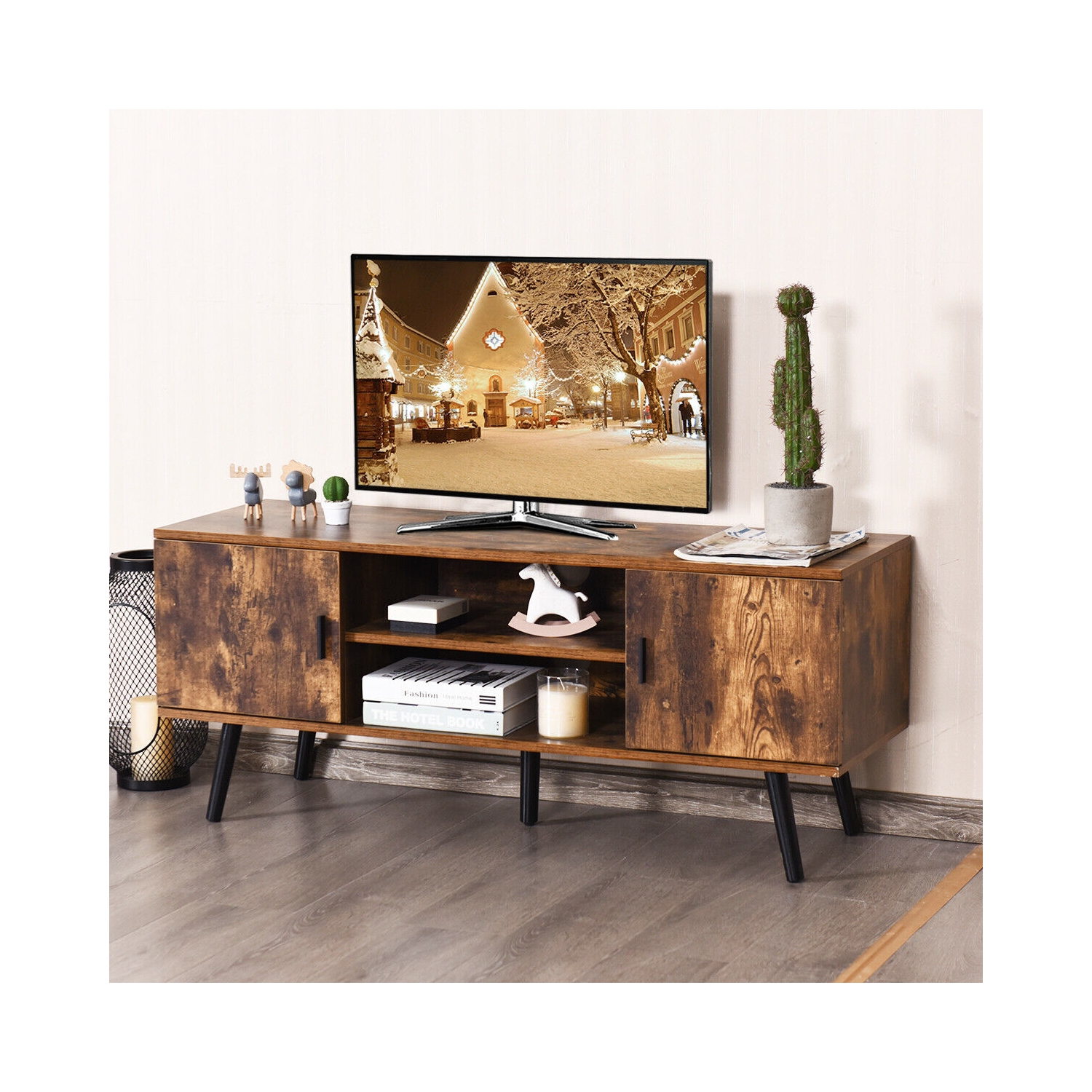 Meuble industriel pour téléviseur avec armoires de rangement - Café