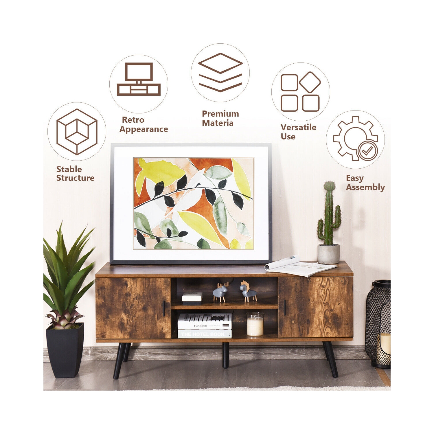 Meuble industriel pour téléviseur avec armoires de rangement - Café