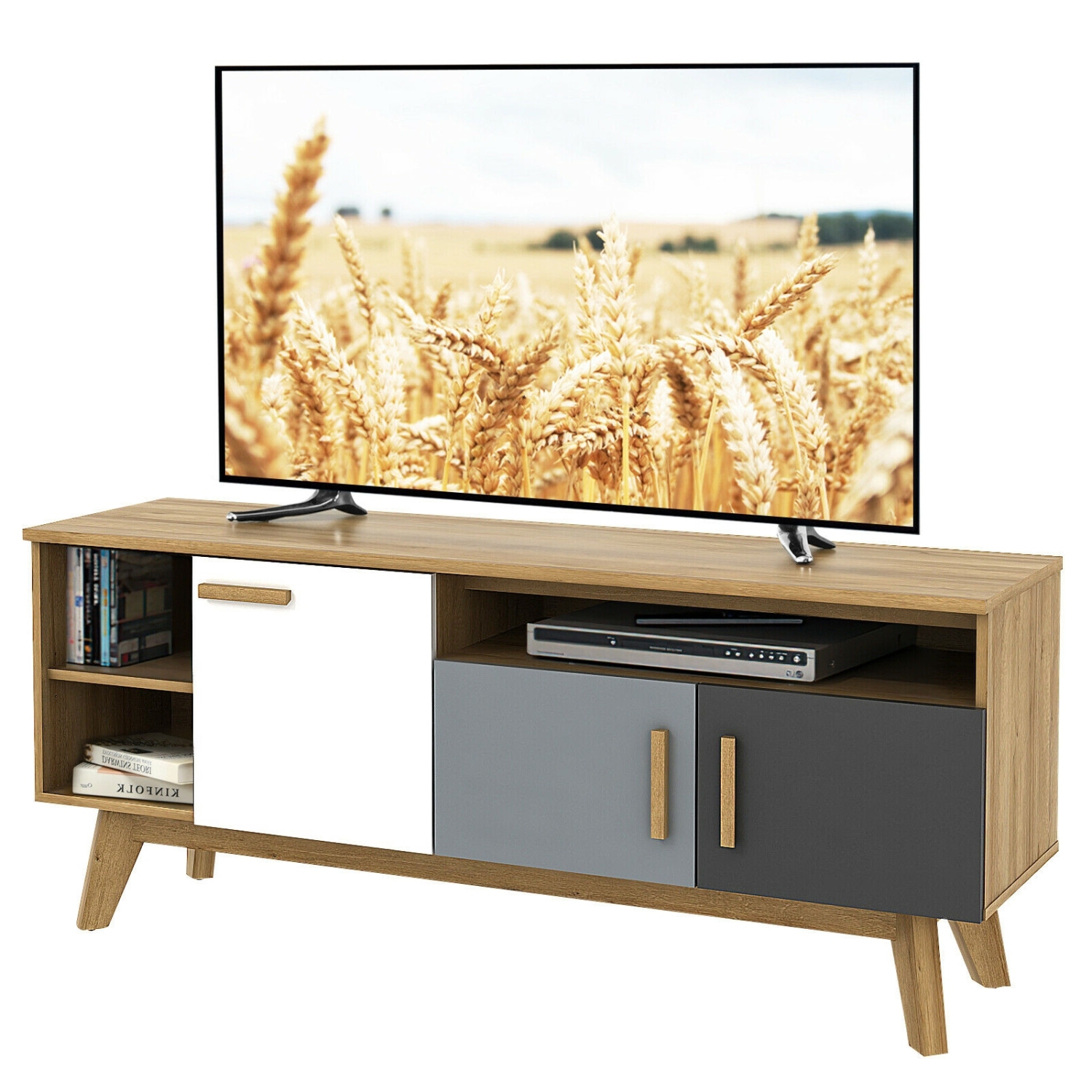 Console multimédia contemporaine de 65&nbsp;po – Meuble pour téléviseur avec 3 unités de rangement et écran ouvert