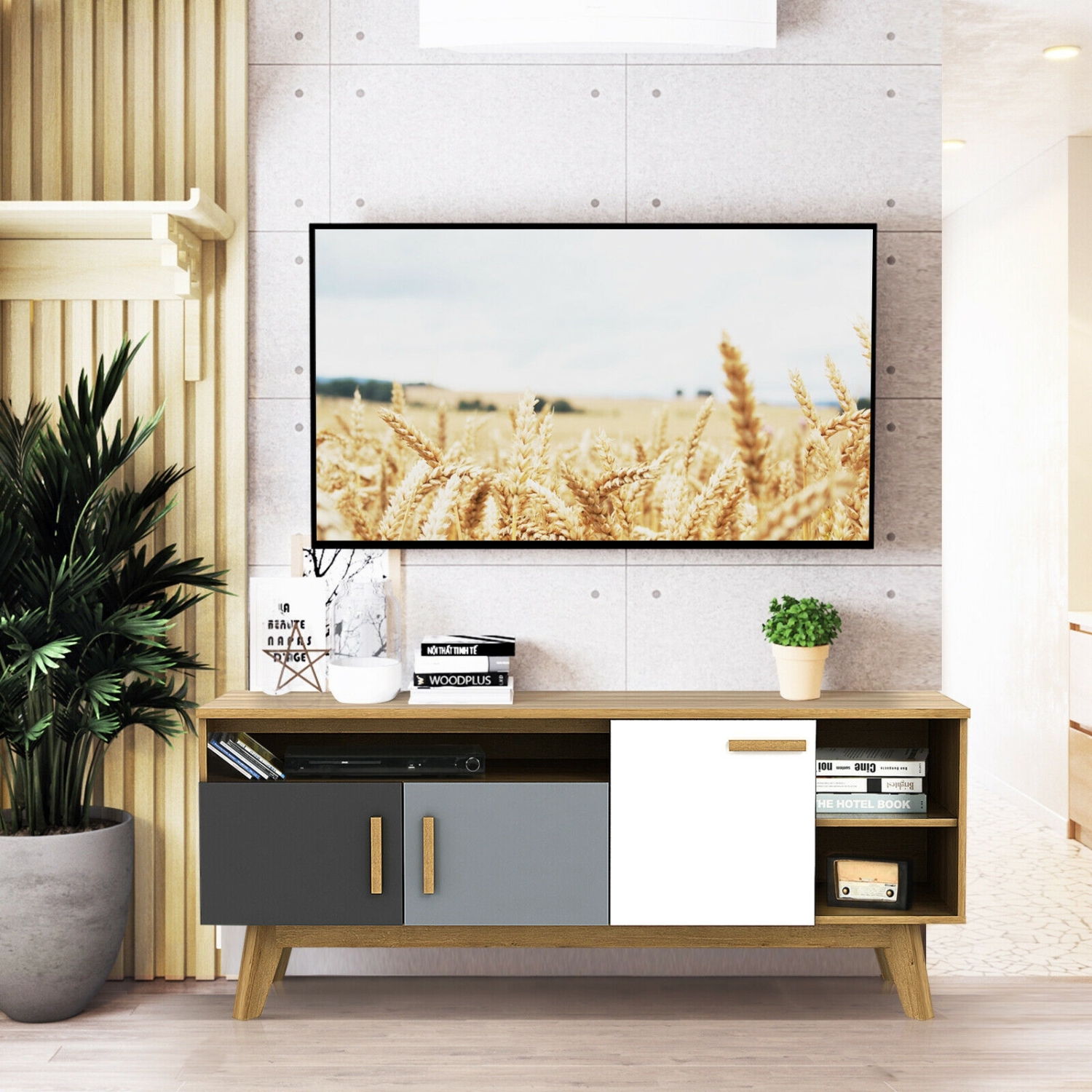Console multimédia contemporaine de 65&nbsp;po – Meuble pour téléviseur avec 3 unités de rangement et écran ouvert