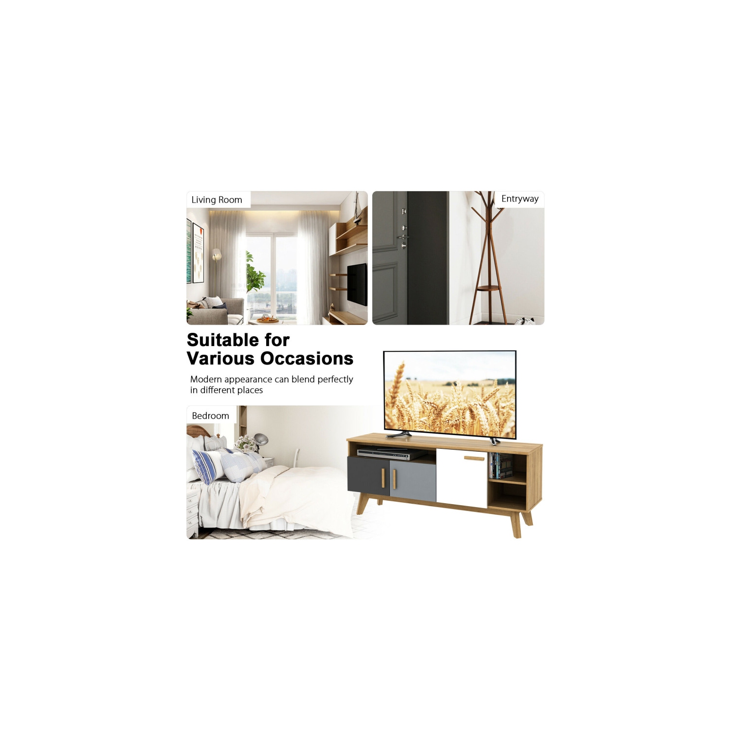 Console multimédia contemporaine de 65&nbsp;po – Meuble pour téléviseur avec 3 unités de rangement et écran ouvert