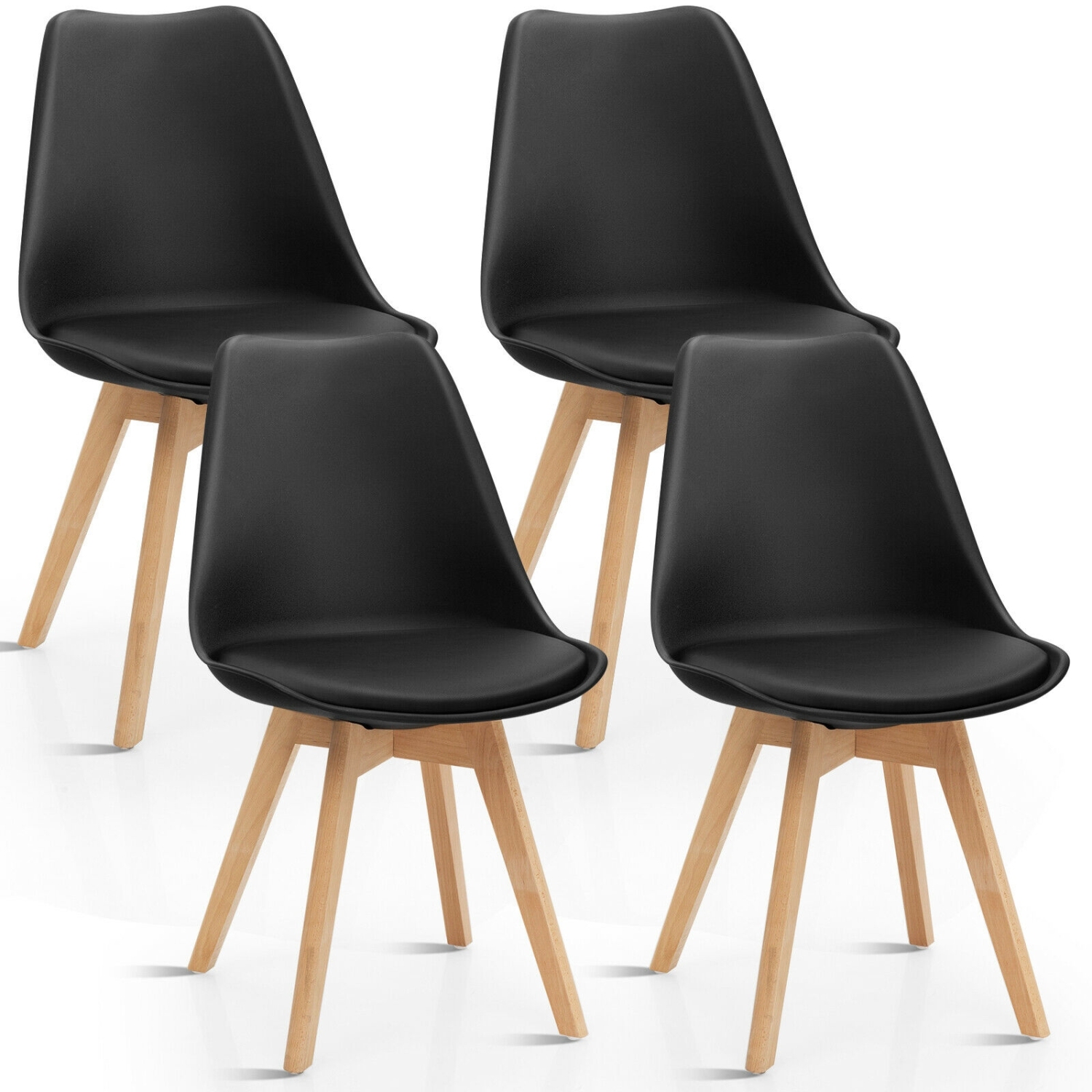 Set of 4 Dining Chair Mid Century Modern Shell PU Seat with Wooden Leg-Black