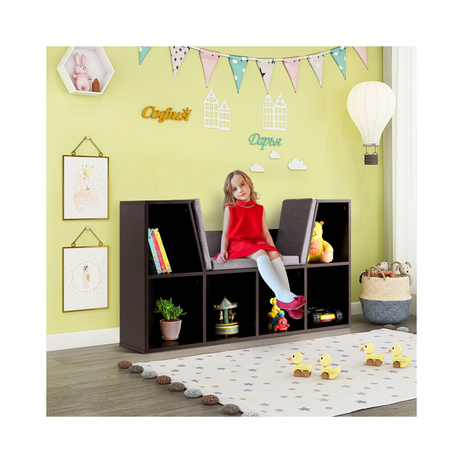 6-Cubby Kid Storage Bookcase Cushioned Reading Nook-Brown