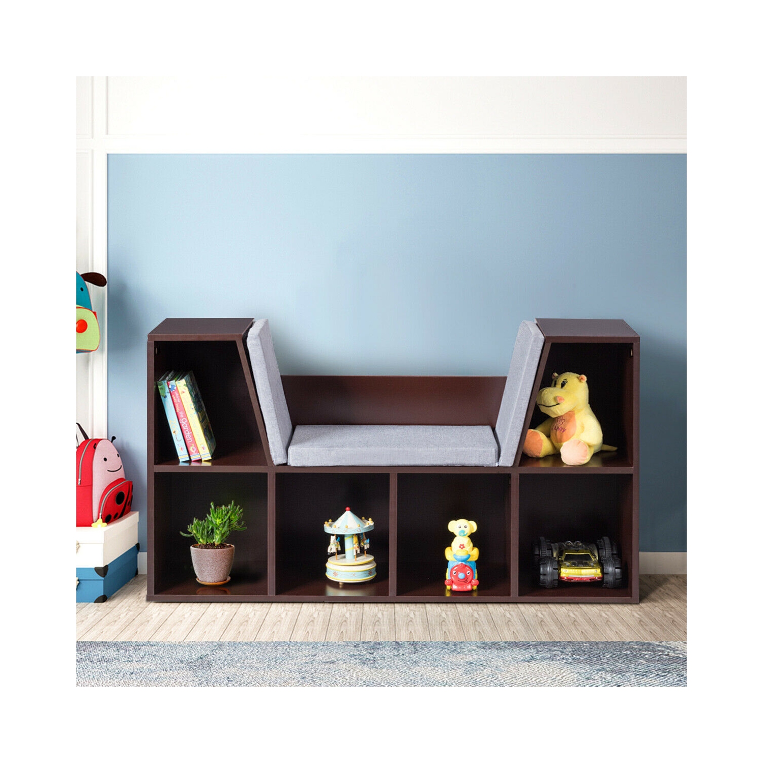 6-Cubby Kid Storage Bookcase Cushioned Reading Nook-Brown