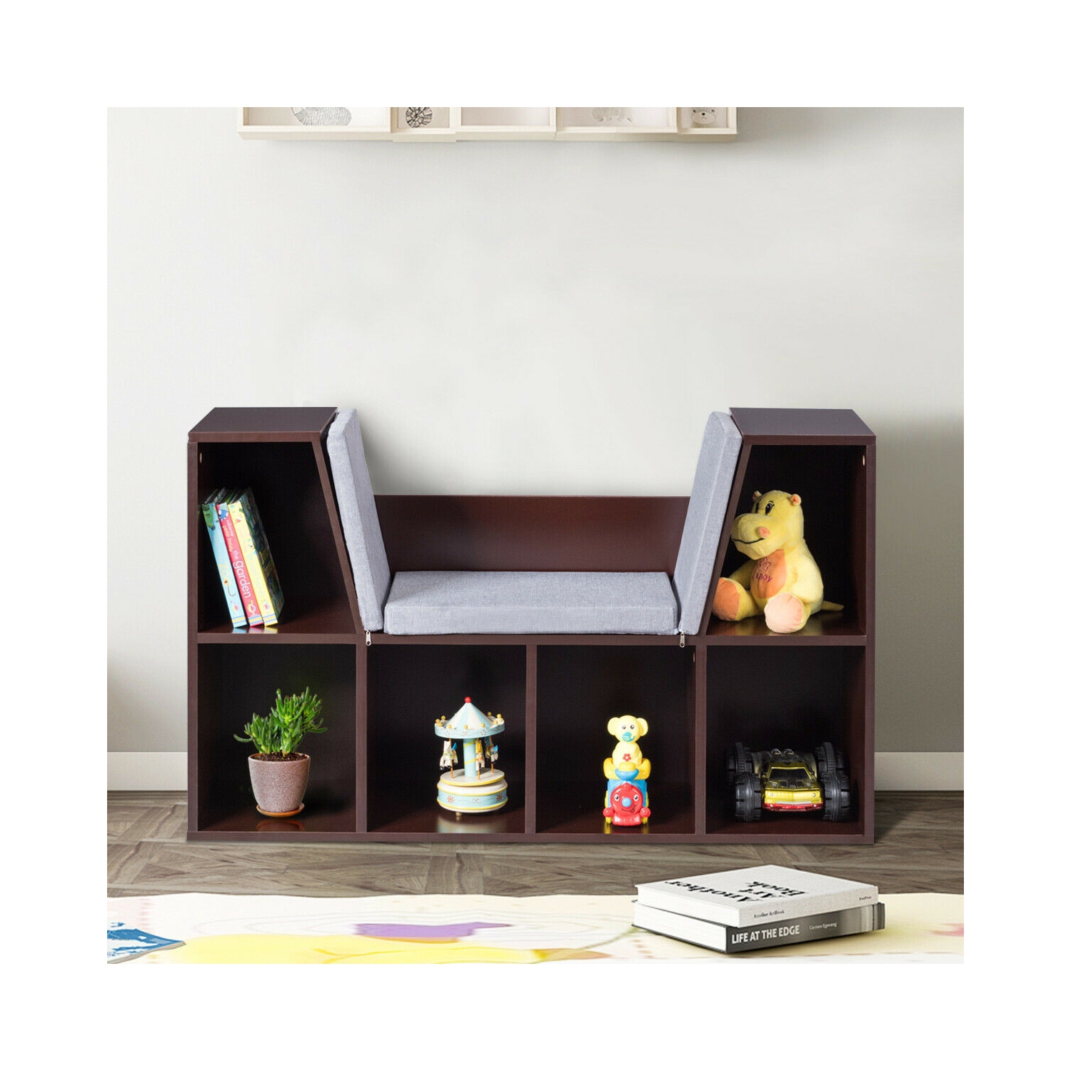 6-Cubby Kid Storage Bookcase Cushioned Reading Nook-Brown