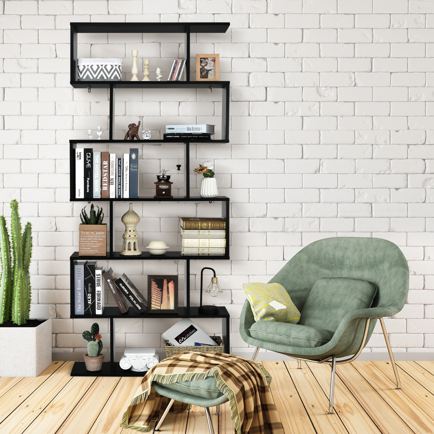 6-Tier S-Shaped Bookshelf, Modern Z-Shelf Bookcase for Storage and Display