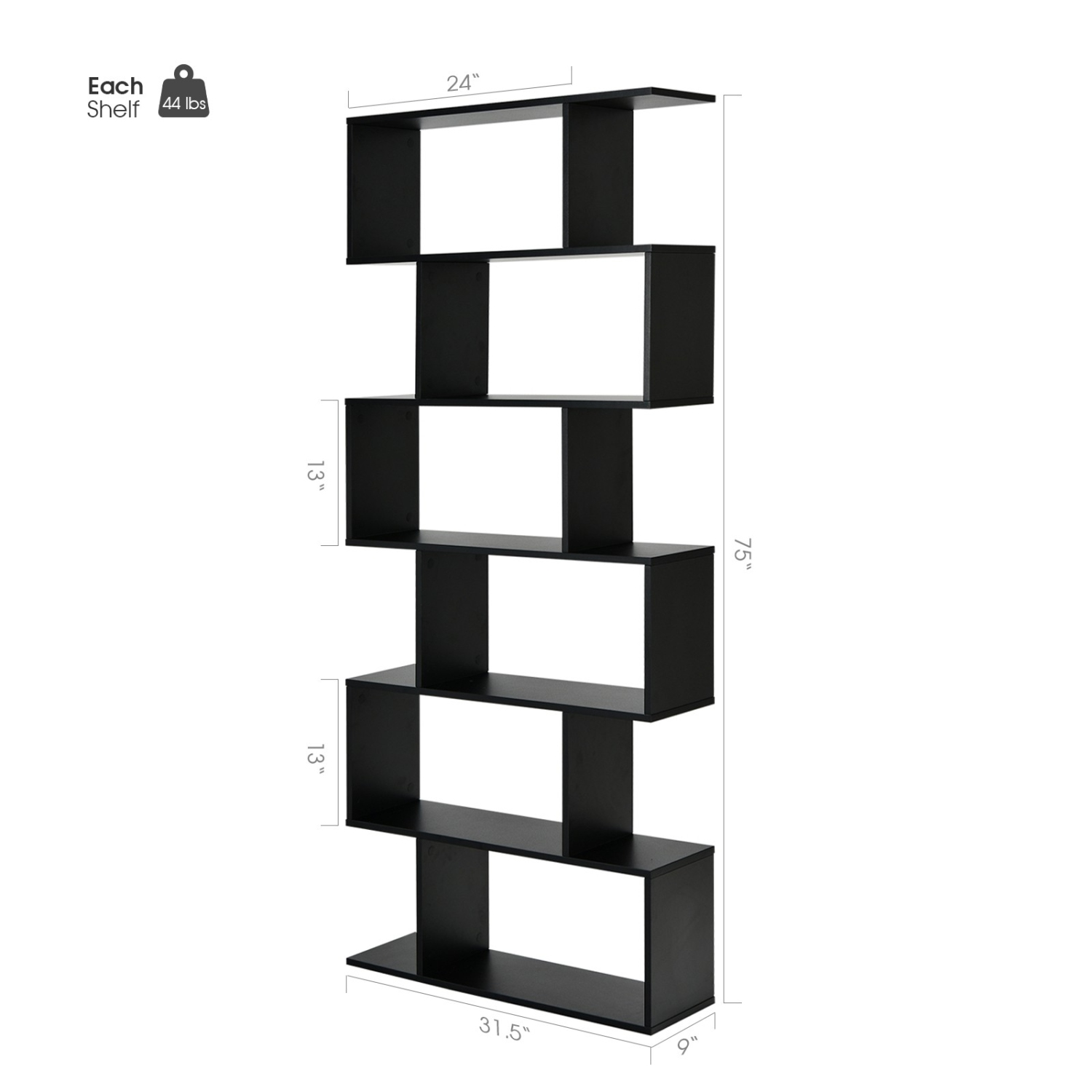 6-Tier S-Shaped Bookshelf, Modern Z-Shelf Bookcase for Storage and Display