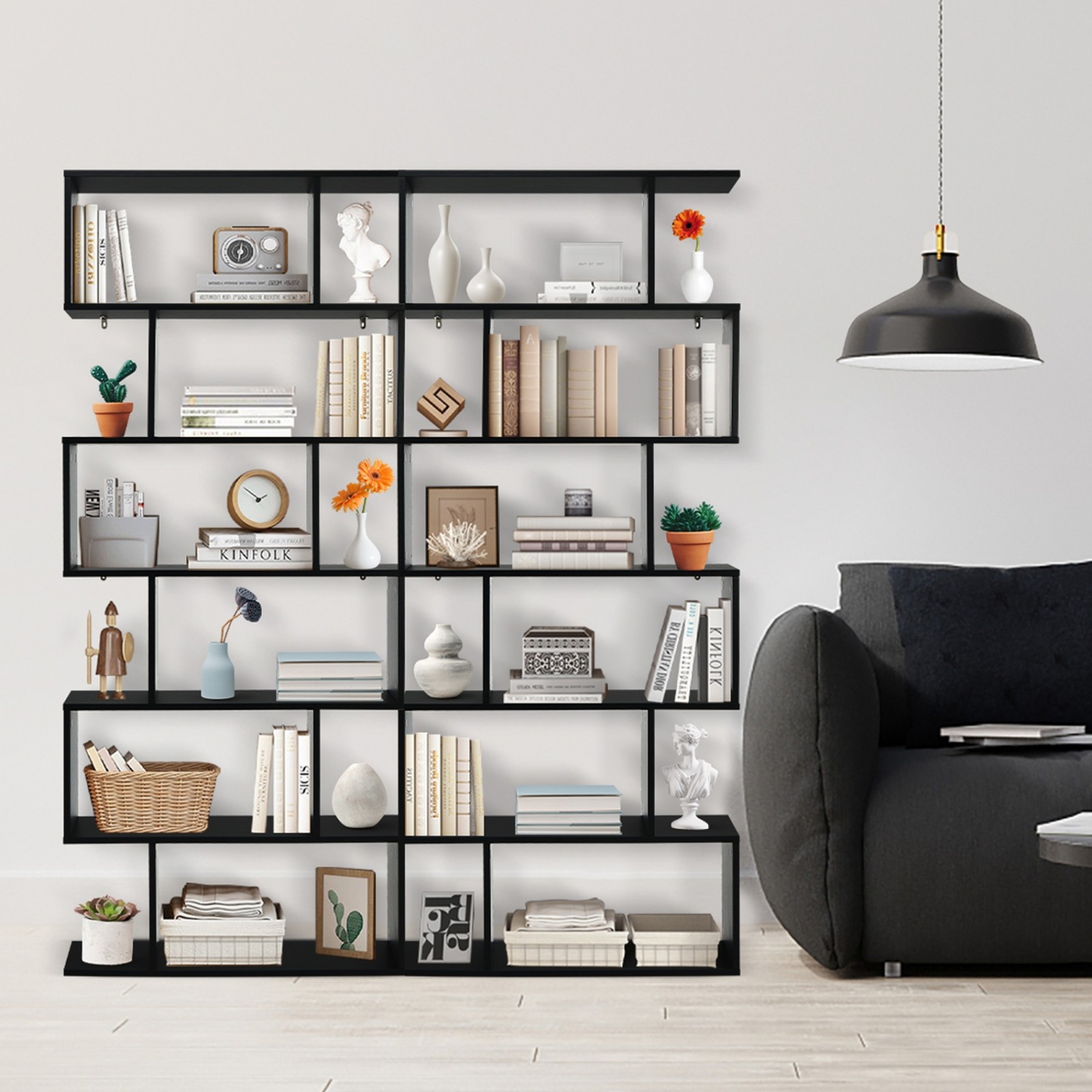 6-Tier S-Shaped Bookshelf, Modern Z-Shelf Bookcase for Storage and Display