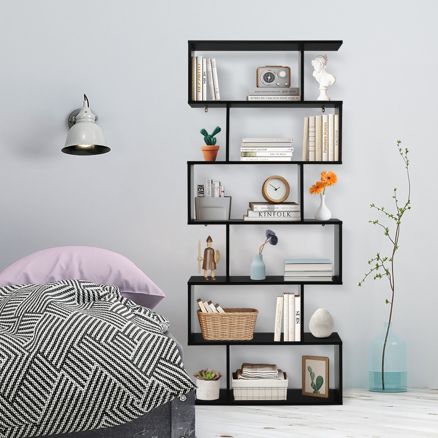 6-Tier S-Shaped Bookshelf, Modern Z-Shelf Bookcase for Storage and Display