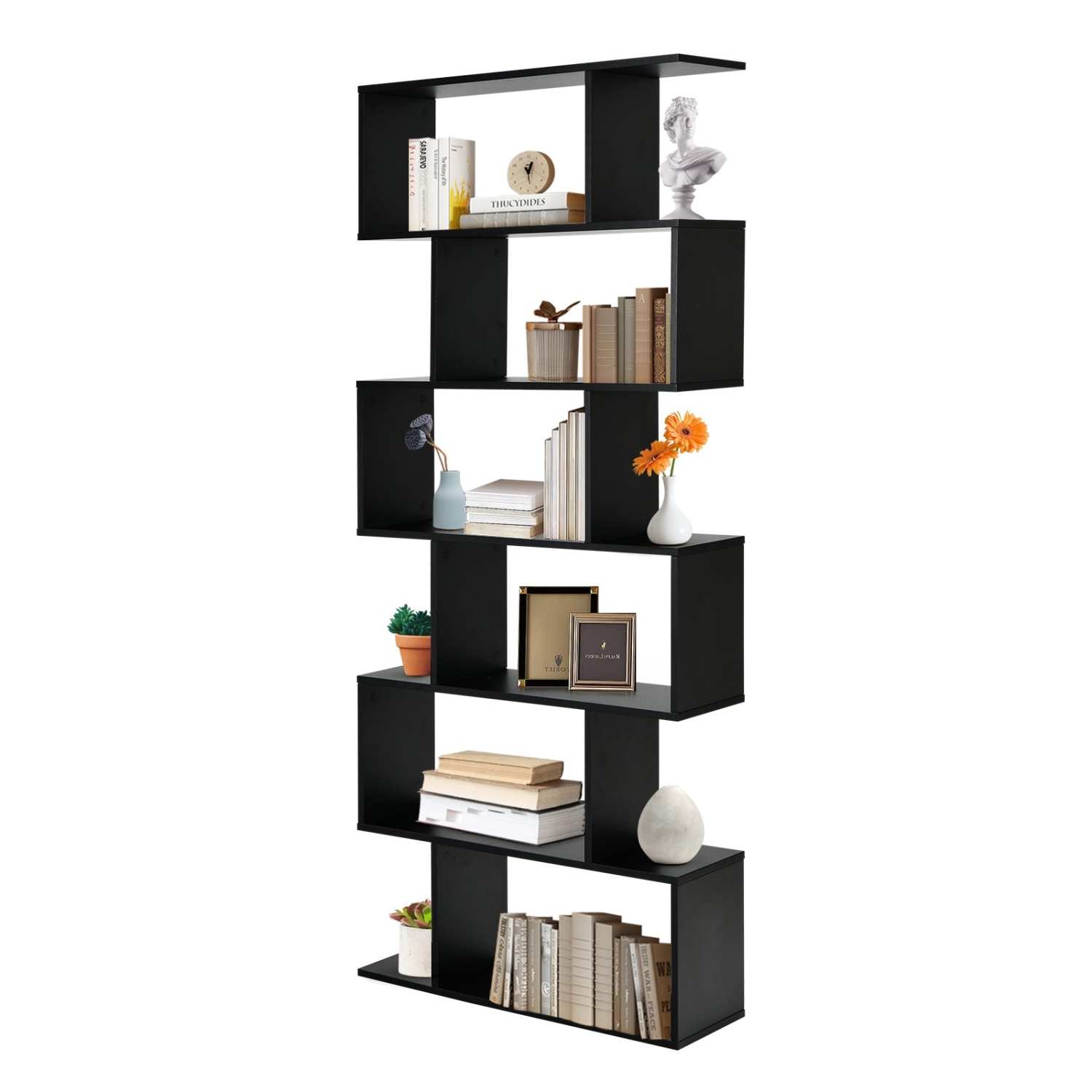 6-Tier S-Shaped Bookshelf, Modern Z-Shelf Bookcase for Storage and Display