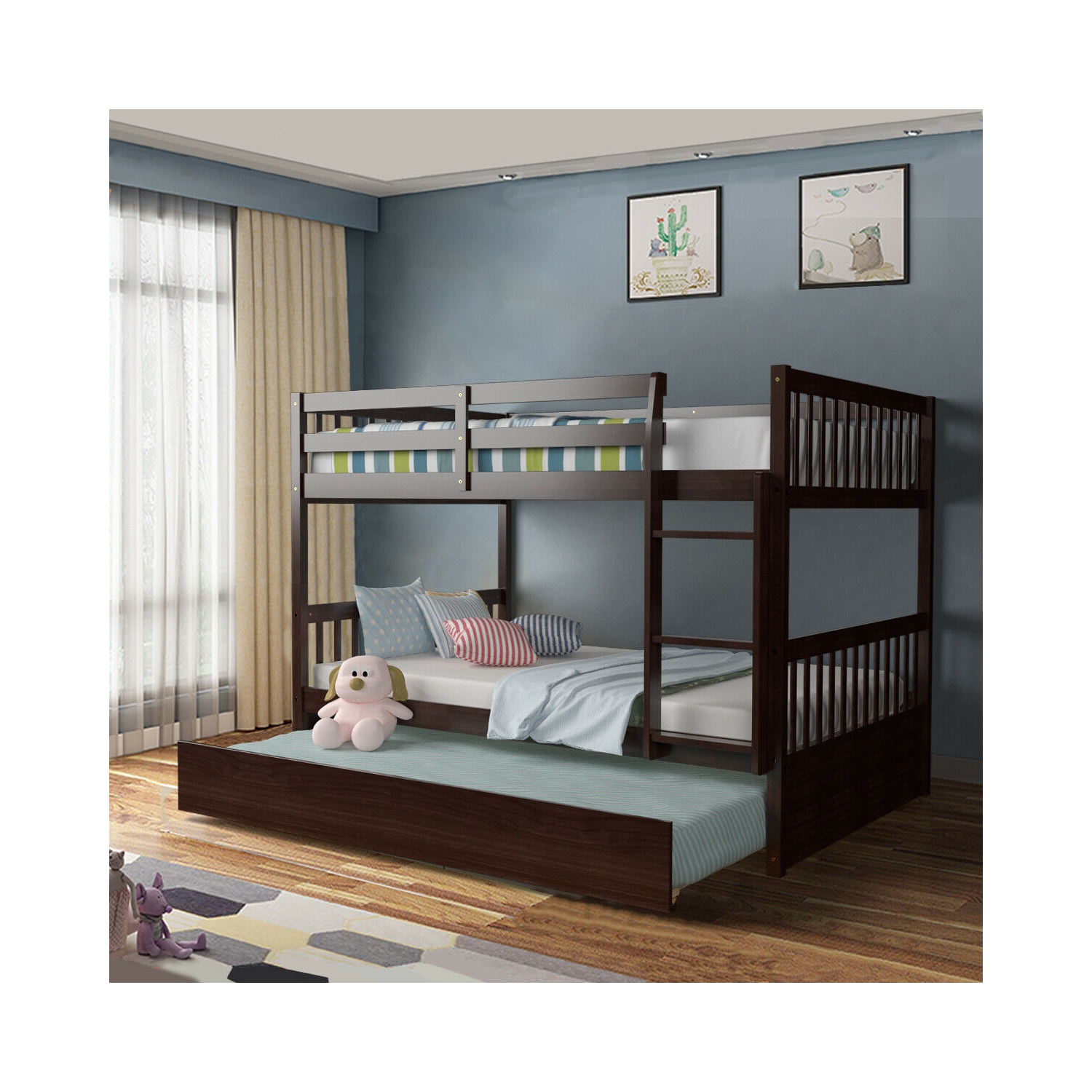 Full over Full Bunk Bed Platform Wood Bed with Ladder