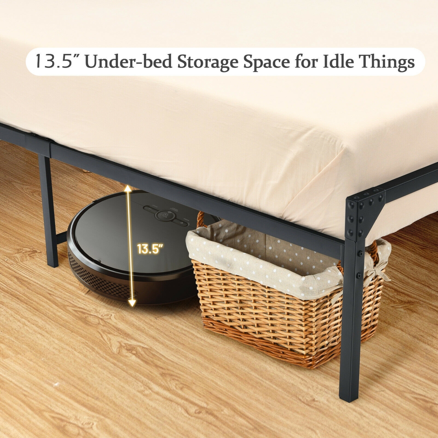 Metal Platform Bed Frame with Wooden Headboard-Queen Size