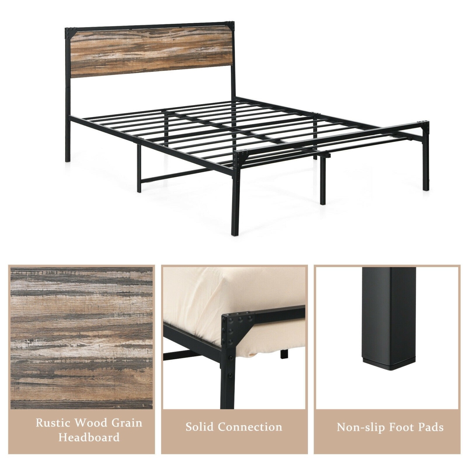 Metal Platform Bed Frame with Wooden Headboard-Queen Size