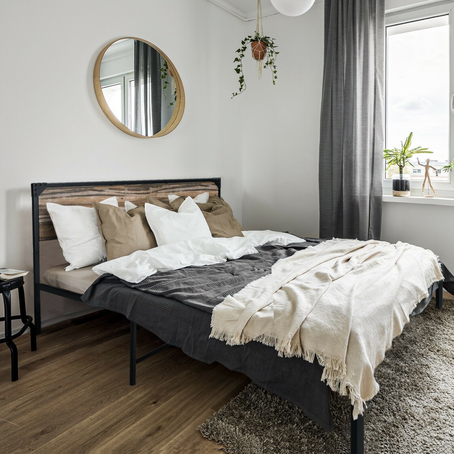 Metal Platform Bed Frame with Wooden Headboard-Queen Size