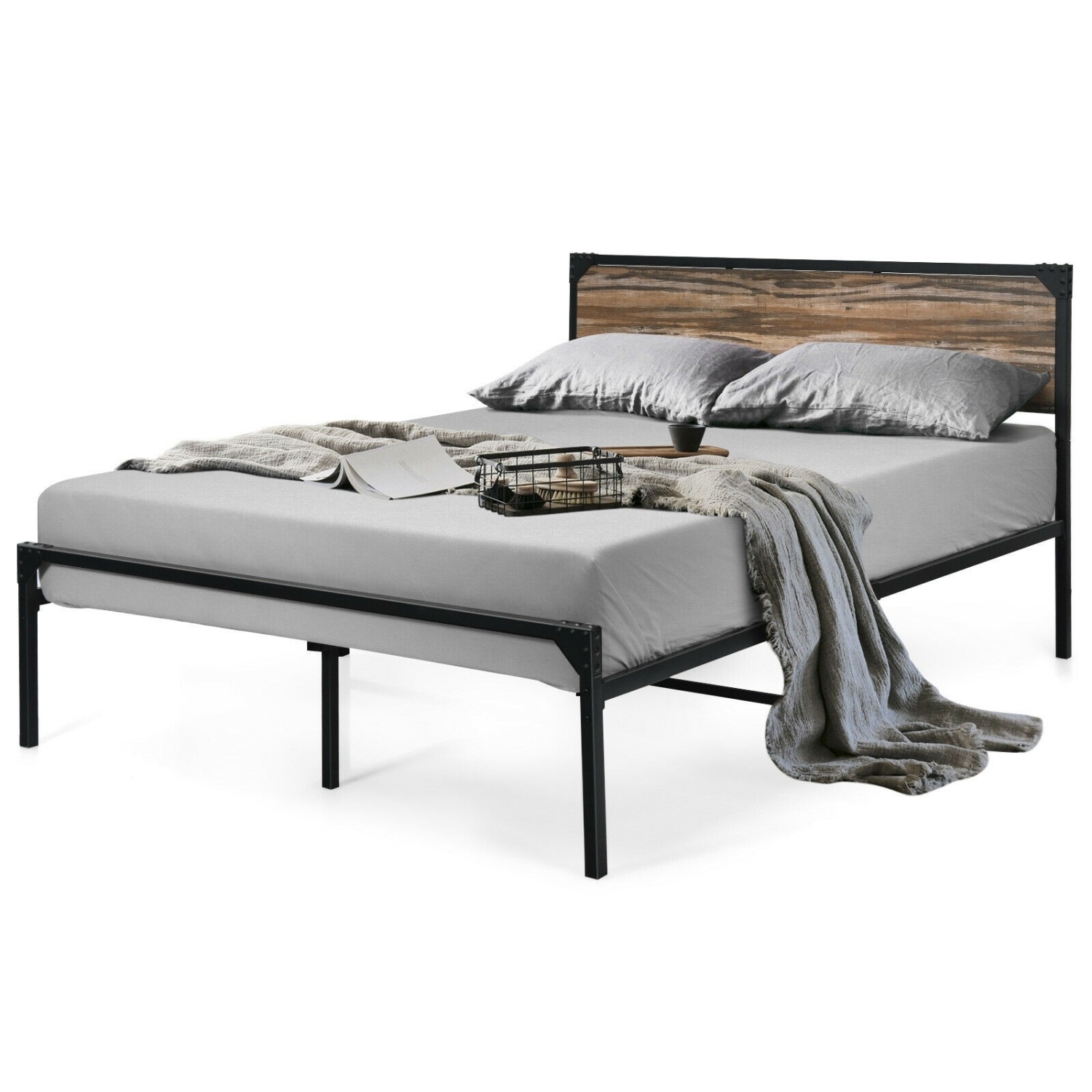 Metal Platform Bed Frame with Wooden Headboard-Queen Size