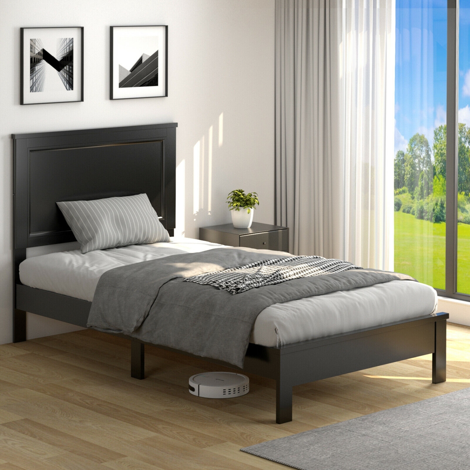 Minimalist Bed Frame with Rubber Wood Legs – Durable Platform Base, Wooden Slat Support