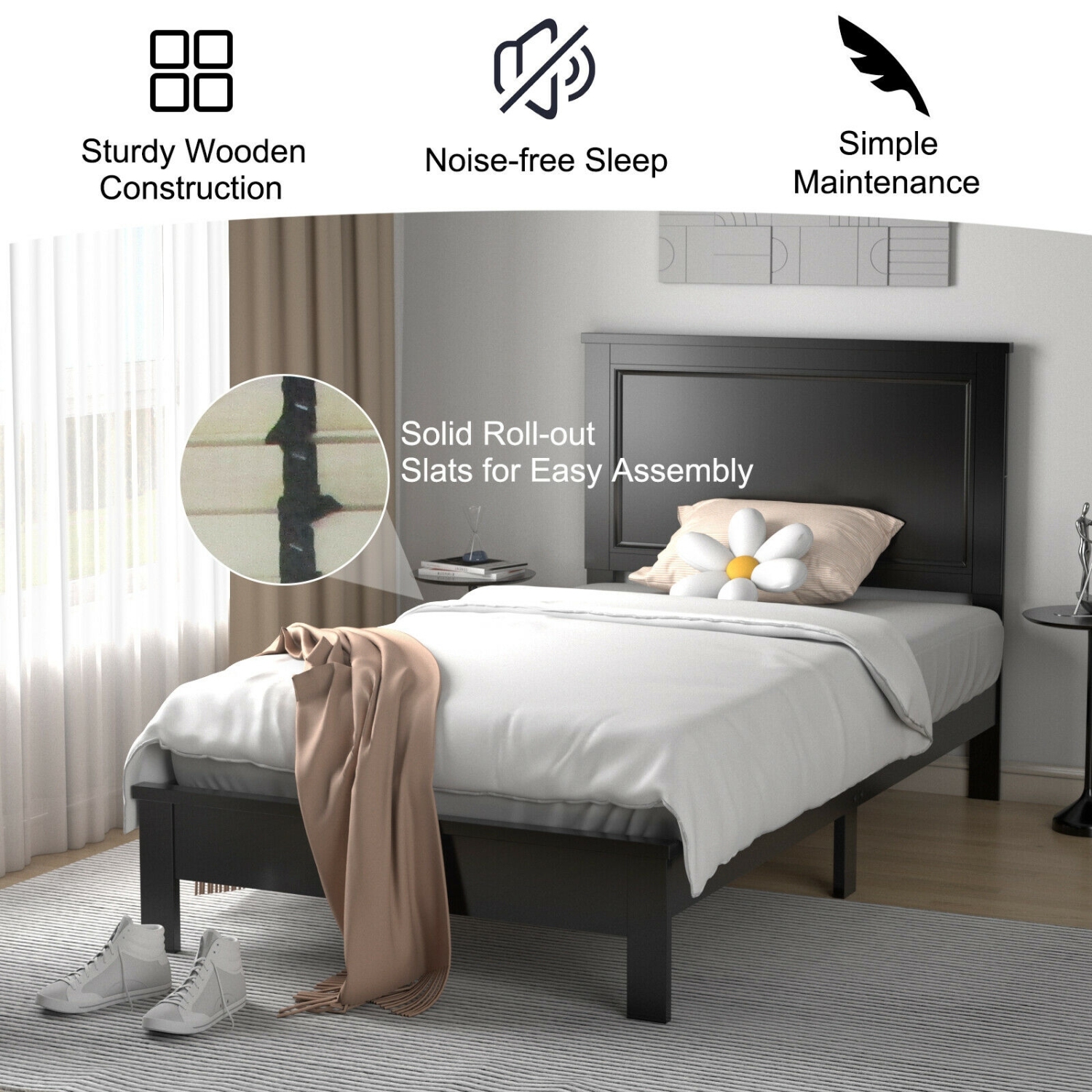 Minimalist Bed Frame with Rubber Wood Legs – Durable Platform Base, Wooden Slat Support