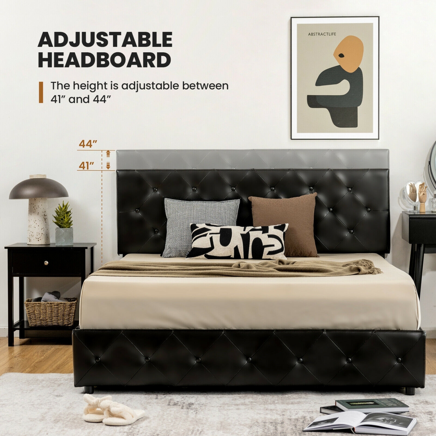 Faux Leather Upholstered Platform Bed – Storage Drawers and Wooden Slats Included